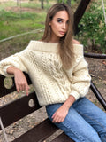 Milk white Cream pastel hand knit wool sweater woman Cable knitted sweater Loose pullover Oversized chunky knit merino wool off shoulder