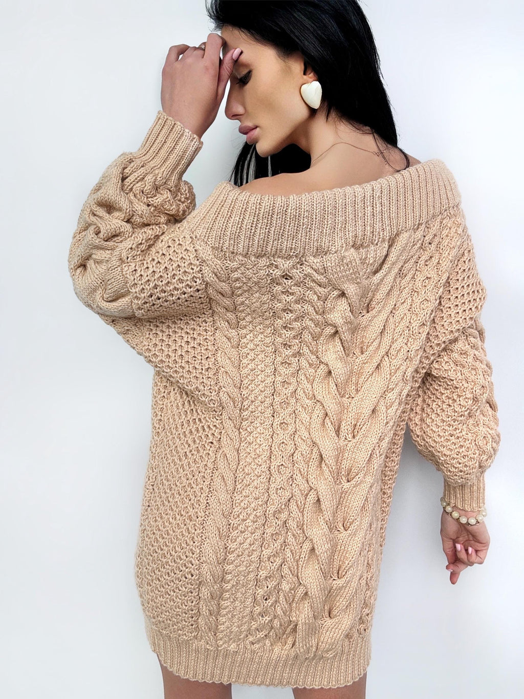 Hand knit sweater dresses for women Beige Caramel off shoulder sweater dress Long Cable wool sweater Chunky one shoulder dress cozy pulover