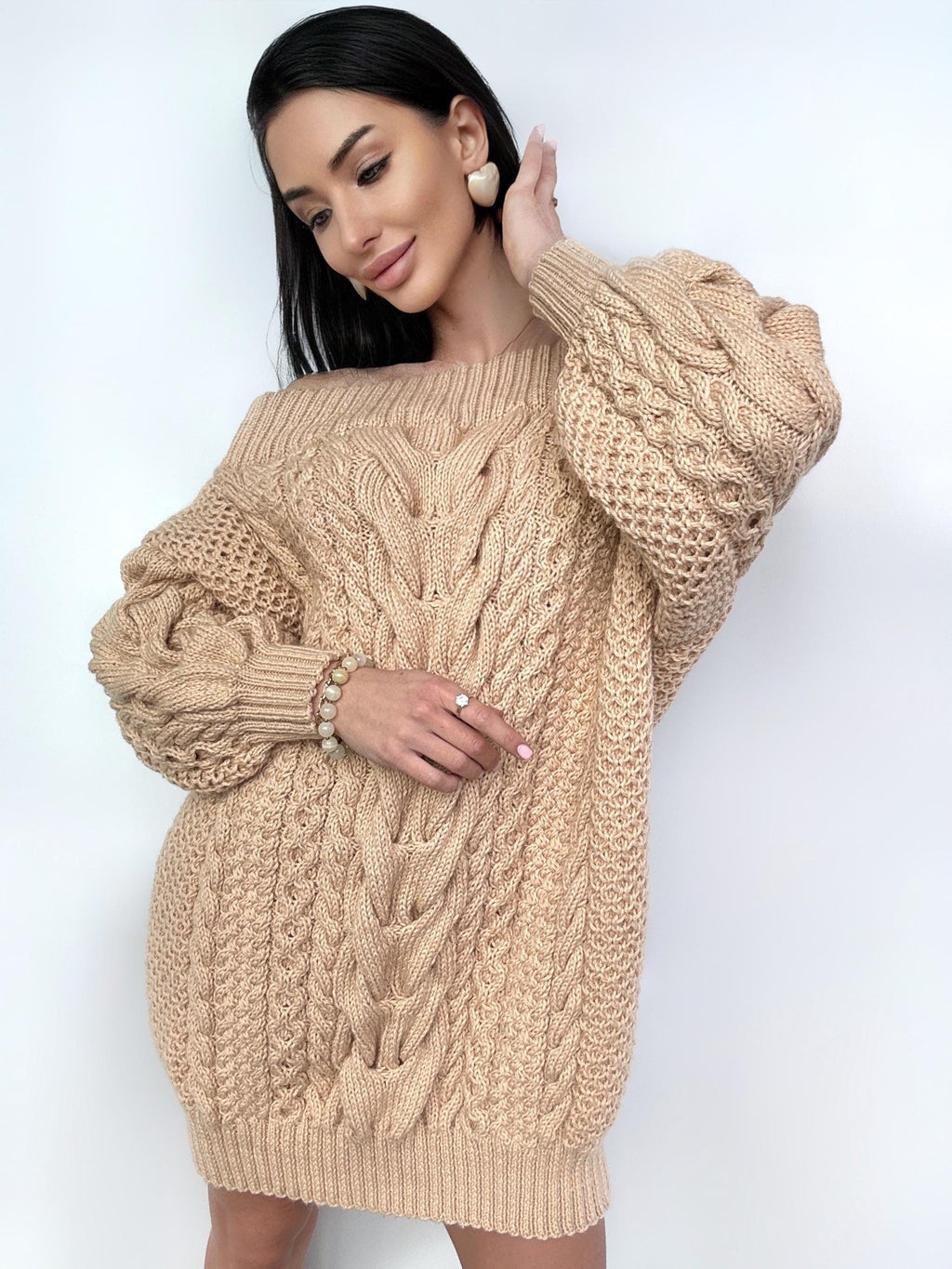 Hand knit sweater dresses for women Beige Caramel off shoulder sweater dress Long Cable wool sweater Chunky one shoulder dress cozy pulover