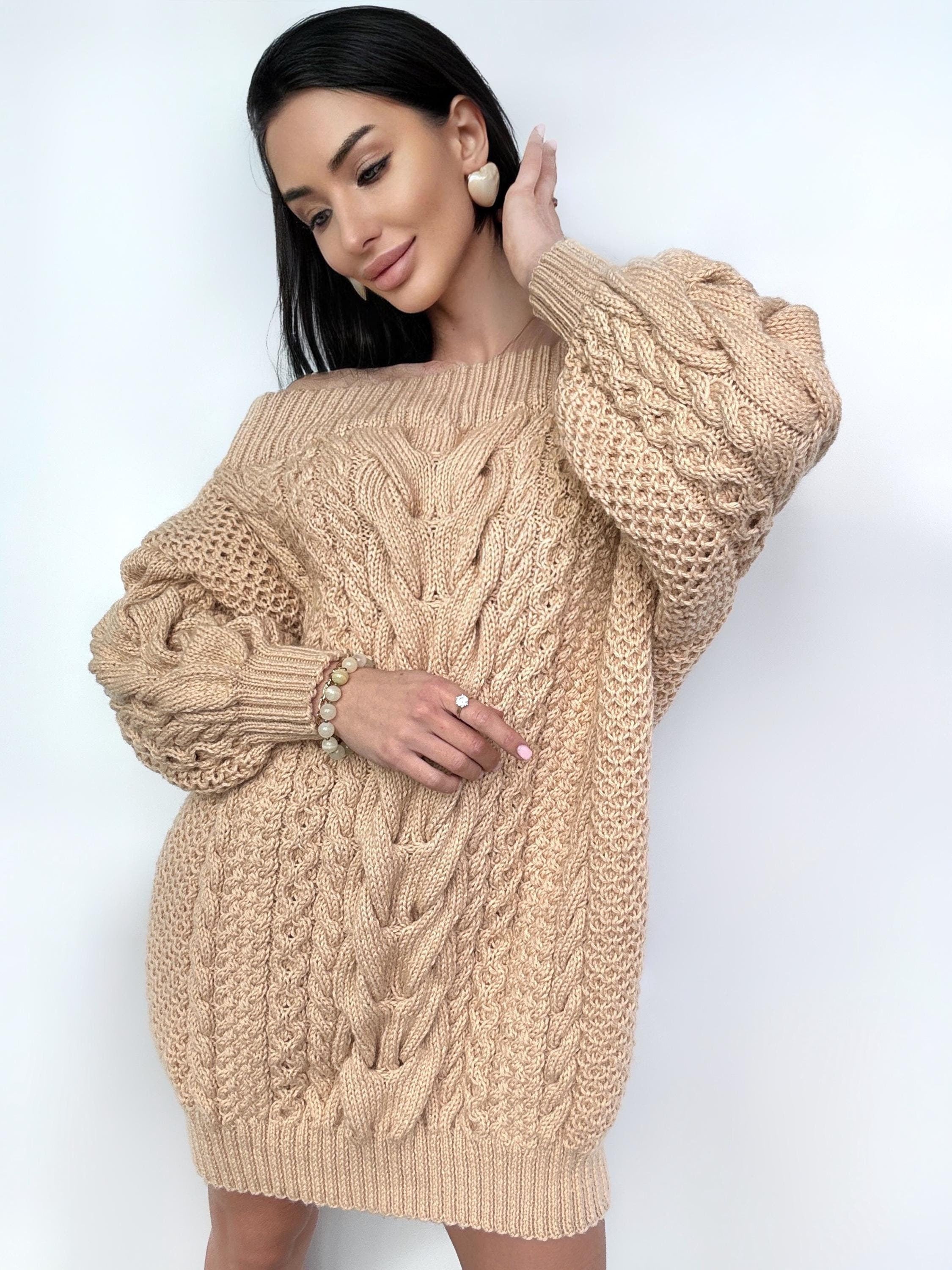 Hand knit sweater dresses for women Beige Caramel off shoulder sweater dress Long Cable wool sweater Chunky one shoulder dress cozy pulover