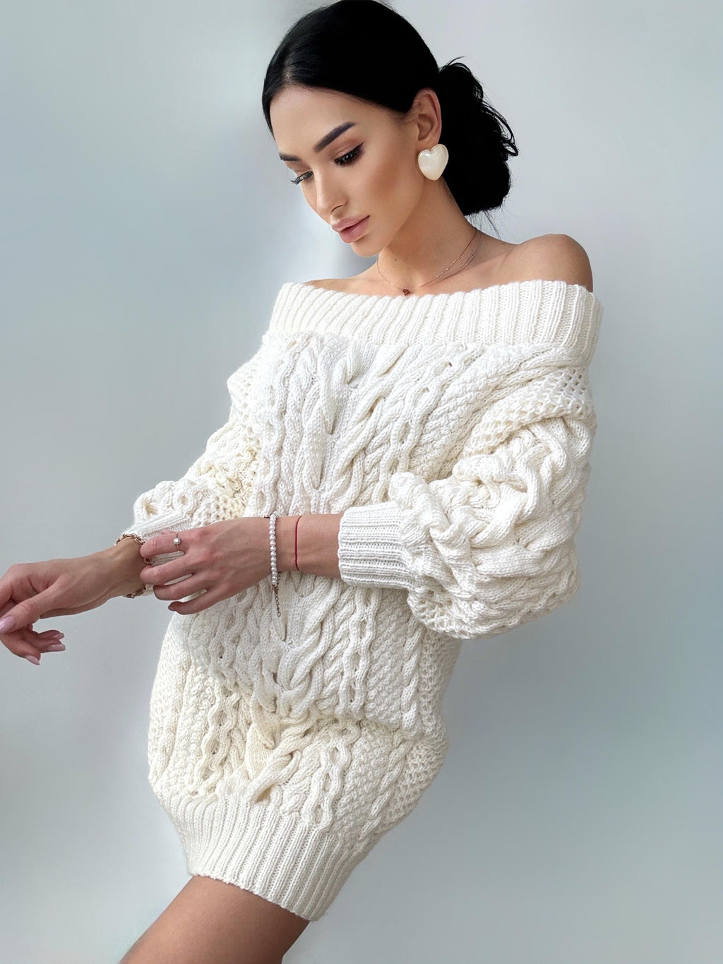 Hand knit sweater dress women White off shoulder sweater dress Long Cable wool sweater Knitted one shoulder dress Big cozy handmade dress