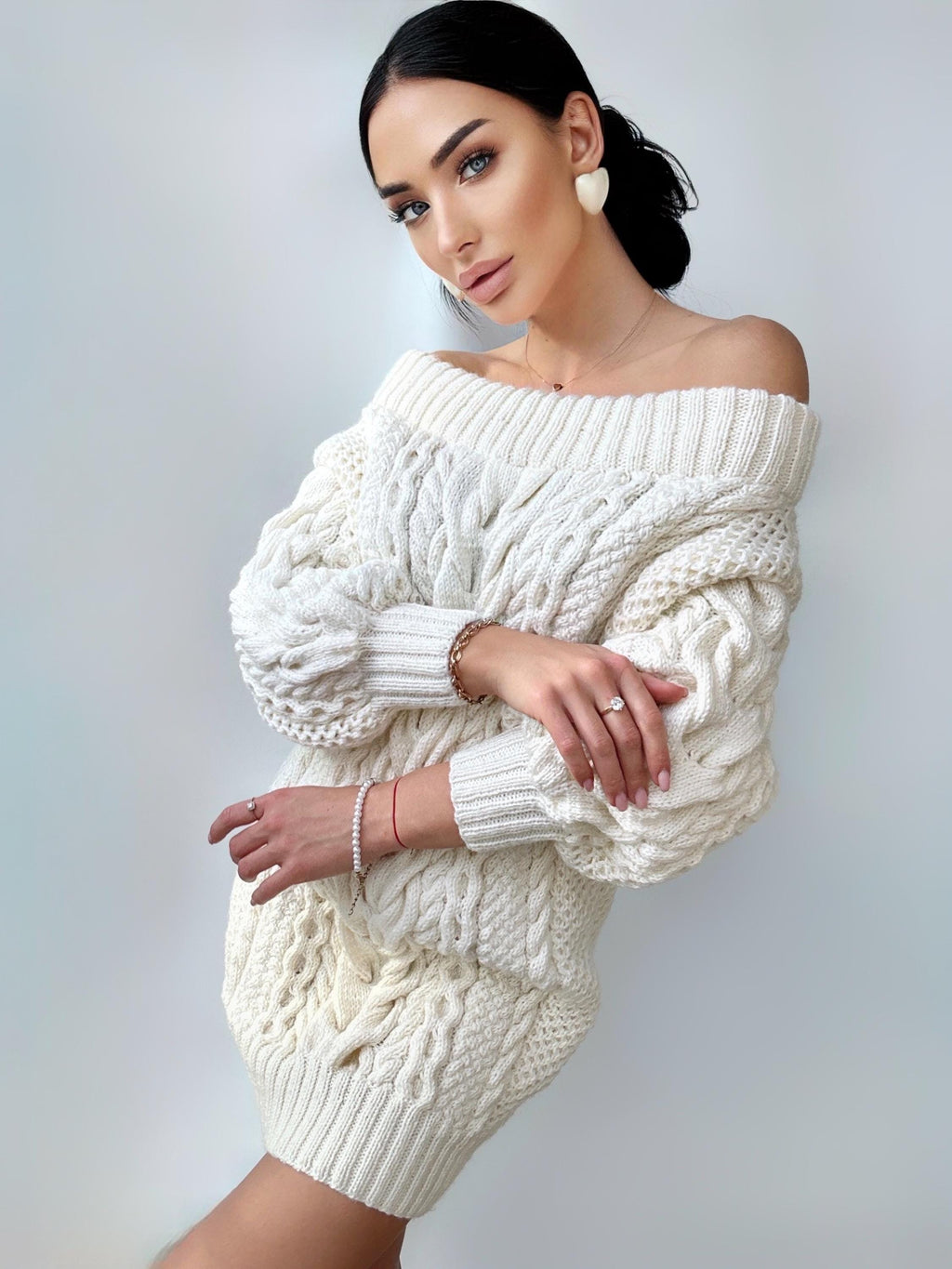 Hand knit sweater dress women White off shoulder sweater dress Long Cable wool sweater Knitted one shoulder dress Big cozy handmade dress