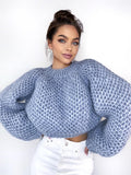 Crop chunky hand knit alpaca wool blue grey soft sweater Hand knit oversize Pastel pullover Cable knit cropped sweater top Cable knit jumper