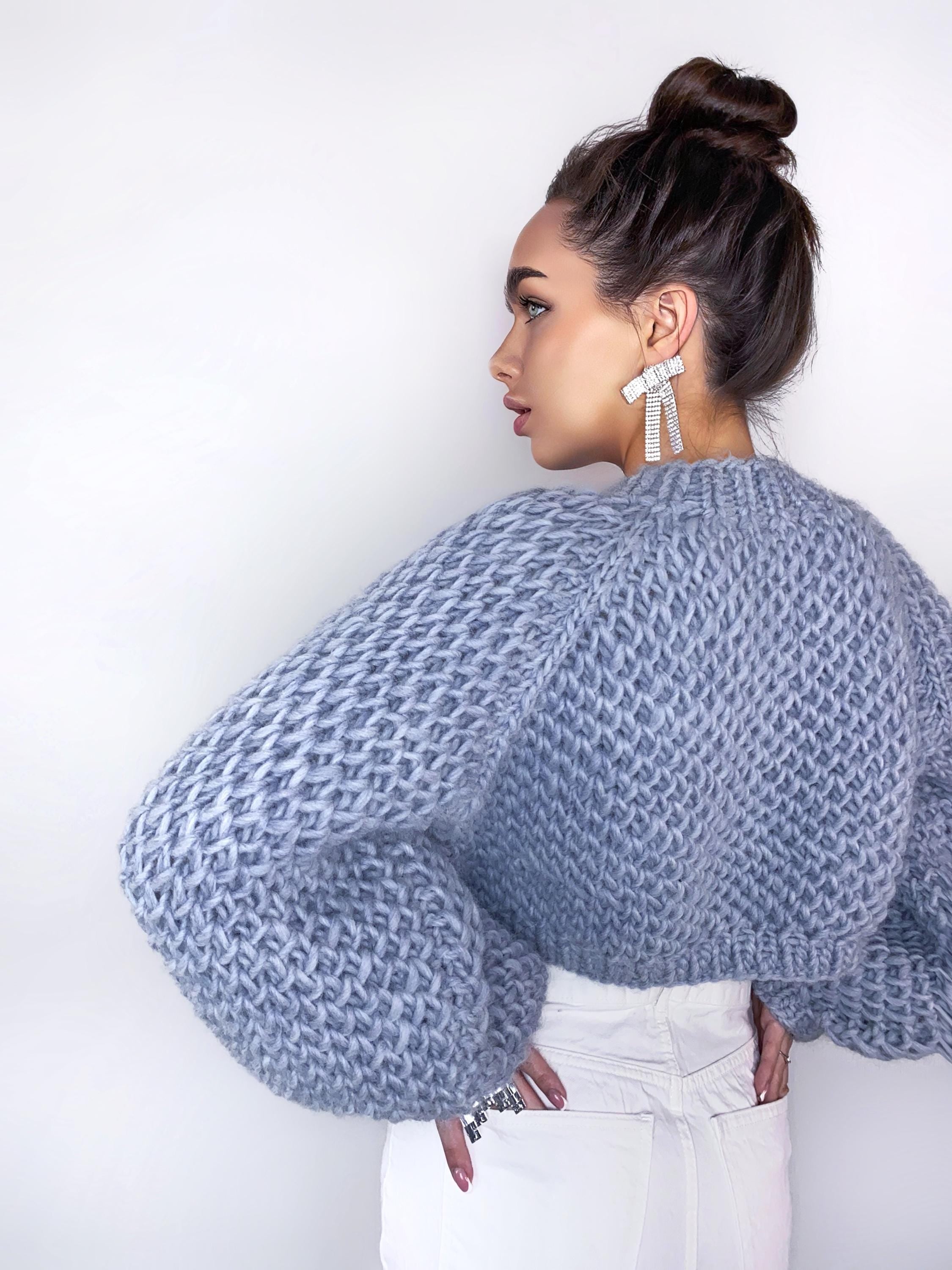 Crop chunky hand knit alpaca wool blue grey soft sweater Hand knit oversize Pastel pullover Cable knit cropped sweater top Cable knit jumper