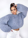 Crop chunky handknit wool blue gray soft sweater Hand knit oversize Pastel sweater Cable knit crop pullover jumper Chunky knit sweater