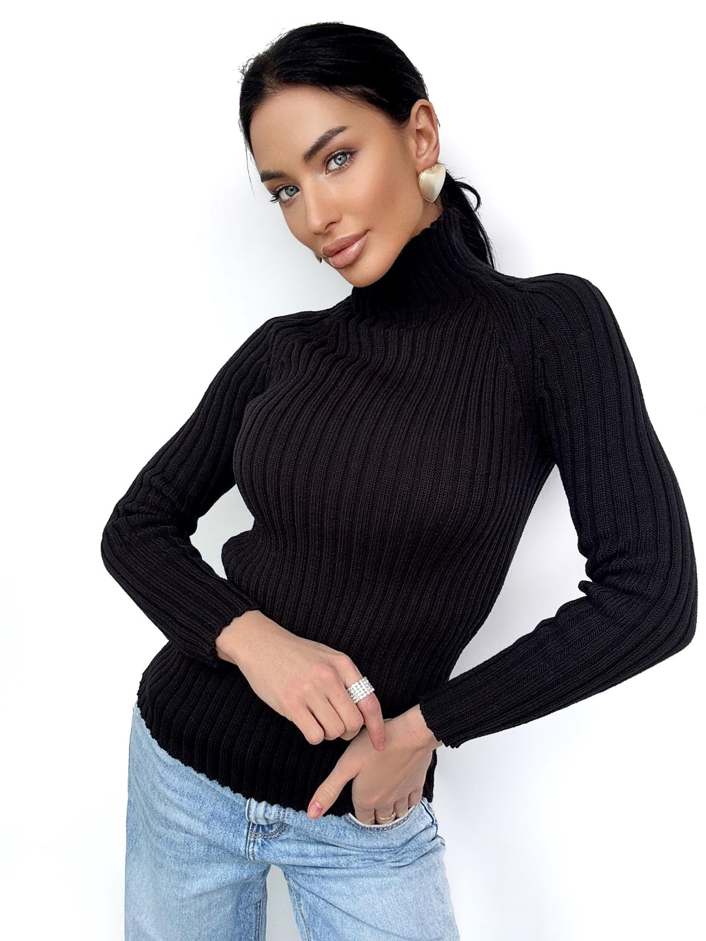 Merino wool оr cotton black knit Turtleneck for women Ribbed Long Sleeve Sweater Comfortable body-friendly Turtle neck wool