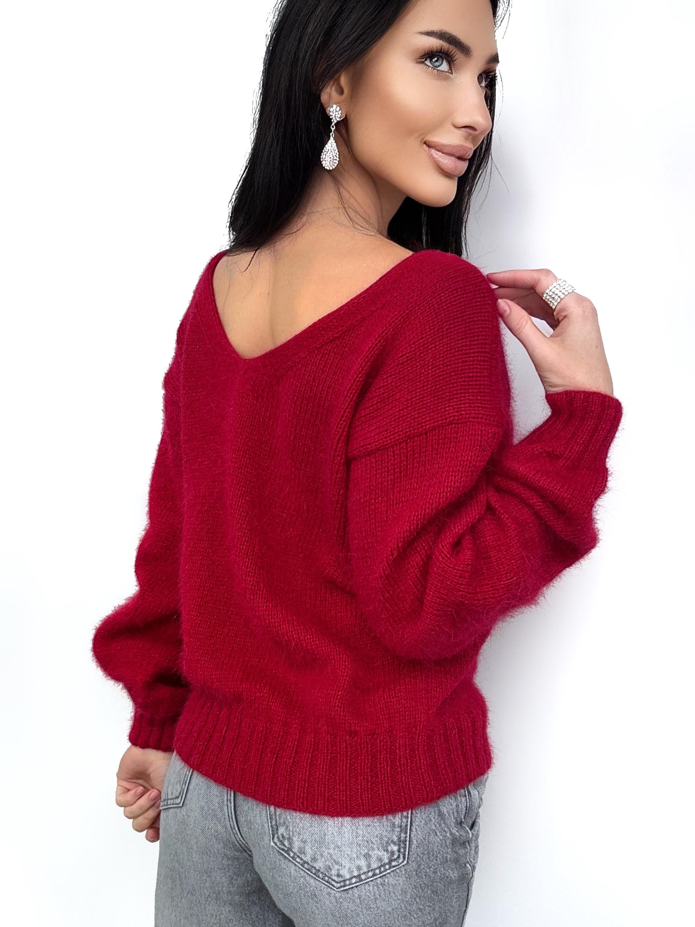 Red Burgundy angora sweater Open back Deep neckline Knit fluffy angora pullover Loose fit oversized V-neck Top long sleevs Cozy gift her