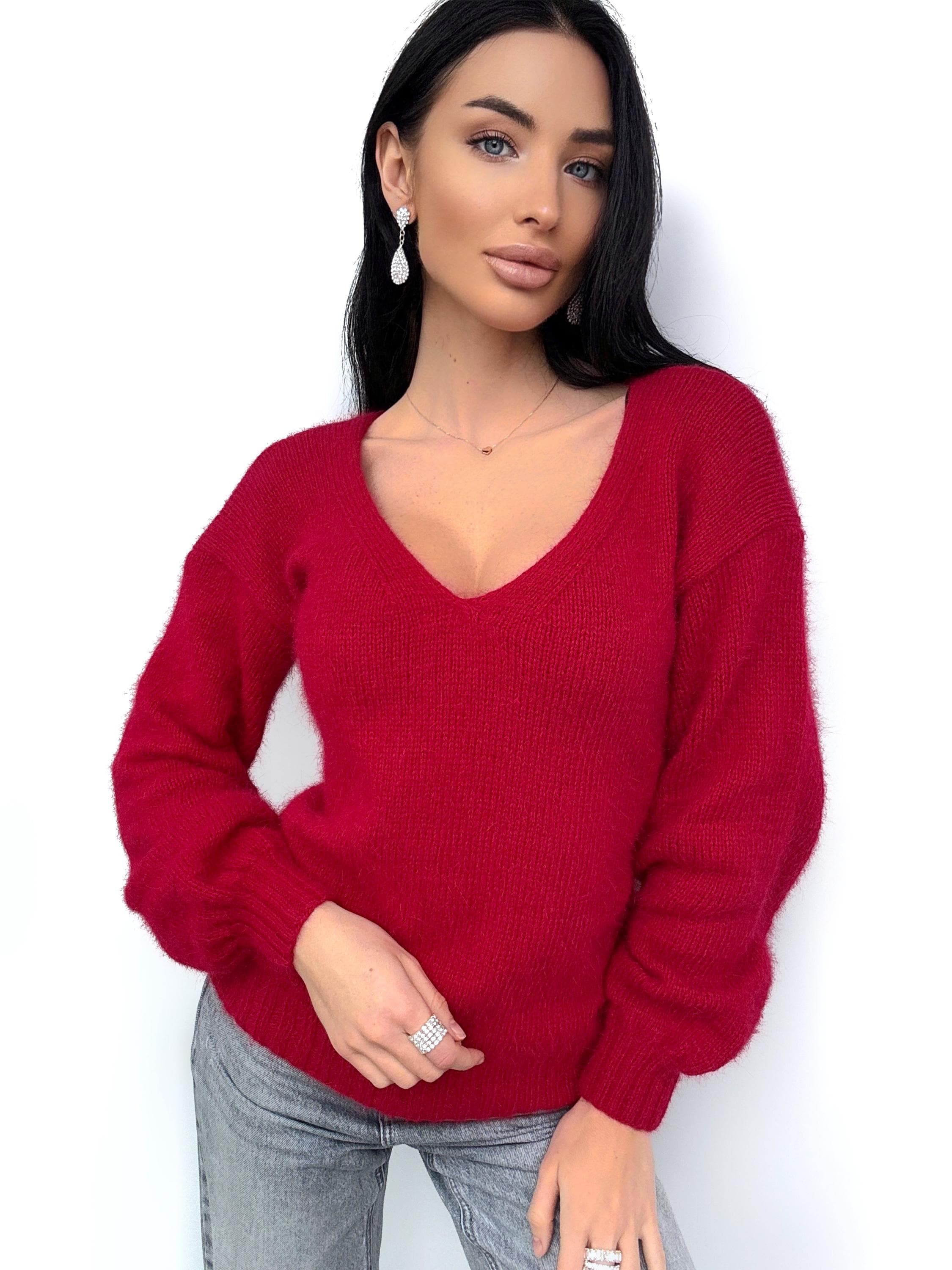 Red Burgundy angora sweater Open back Deep neckline Knit fluffy angora pullover Loose fit oversized V-neck Top long sleevs Cozy gift her