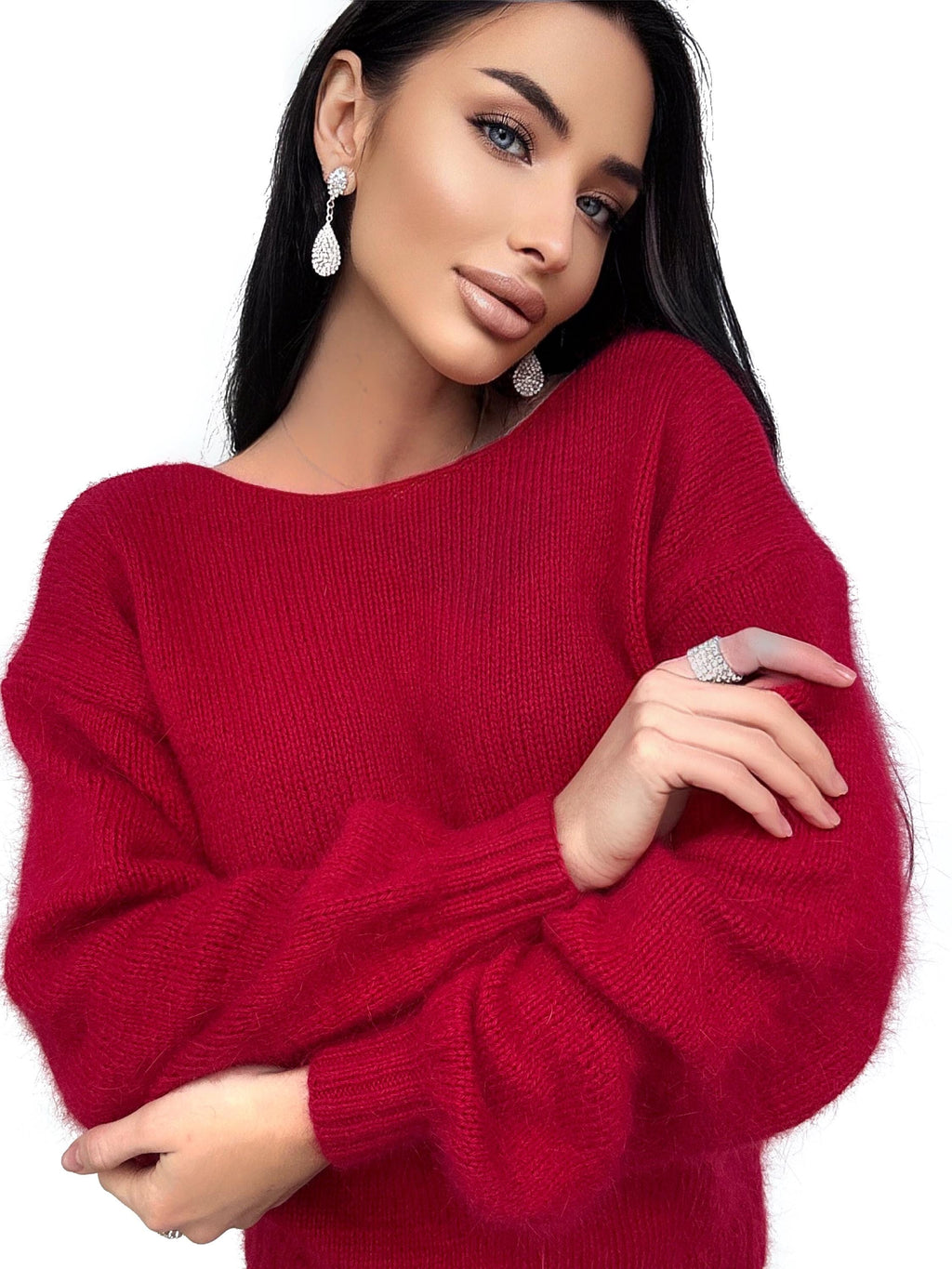 Red Burgundy angora sweater Open back Deep neckline Knit fluffy angora pullover Loose fit oversized V-neck Top long sleevs Cozy gift her