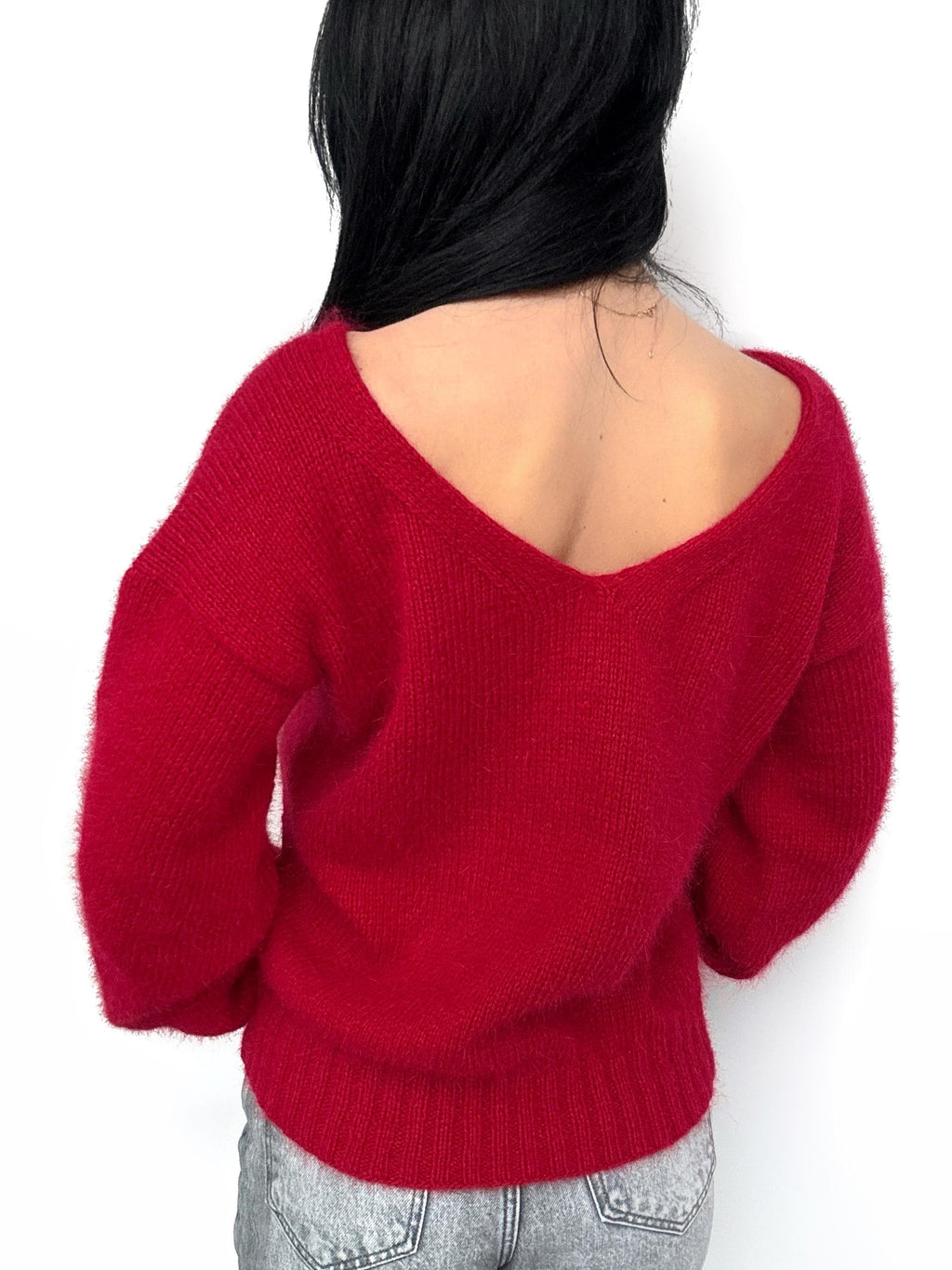 Red Burgundy angora sweater Open back Deep neckline Knit fluffy angora pullover Loose fit oversized V-neck Top long sleevs Cozy gift her