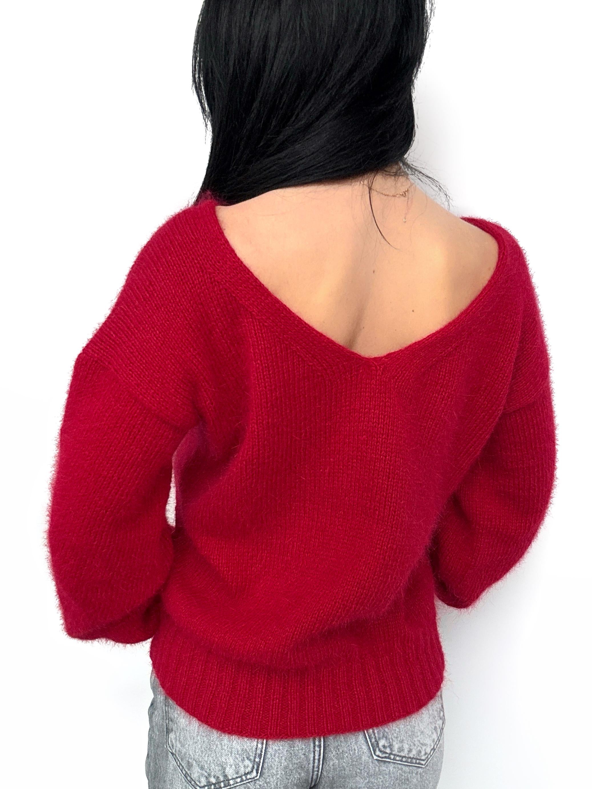 Red Burgundy angora sweater Open back Deep neckline Knit fluffy angora pullover Loose fit oversized V-neck Top long sleevs Cozy gift her