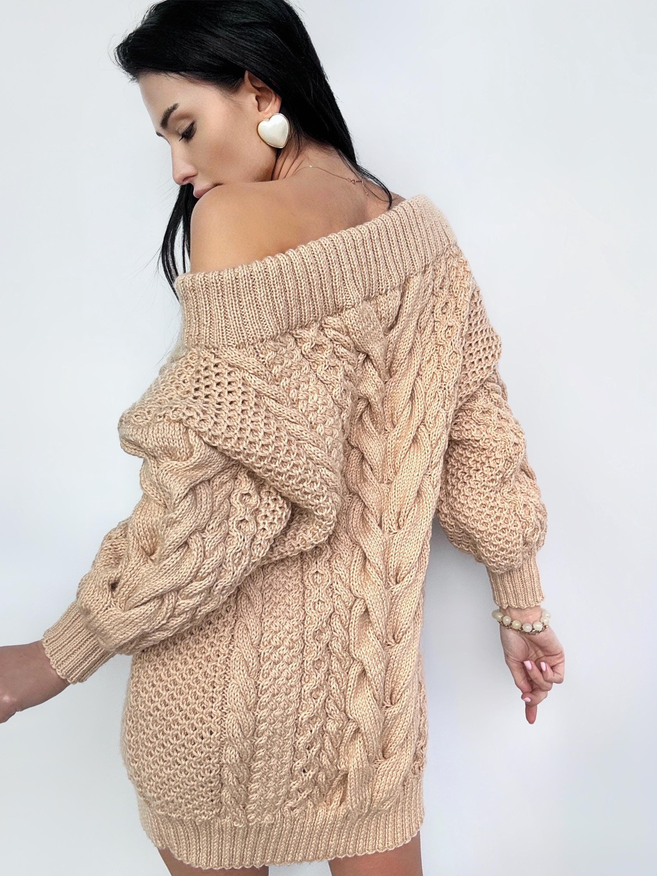 Hand knit sweater dresses for women Beige Caramel off shoulder sweater dress Long Cable wool sweater Chunky one shoulder dress cozy pulover