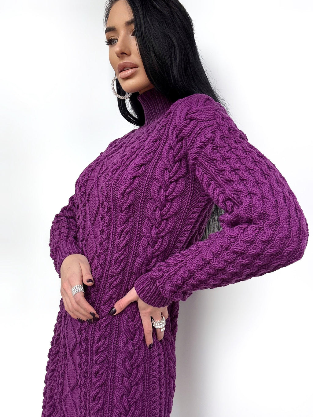 Aran hand knit purple Cable knit sweater dress high collar Chunky knit turtleneck pullover Oversize cozy wool long sweater knee-deep