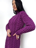 Aran hand knit purple Cable knit sweater dress high collar Chunky knit turtleneck pullover Oversize cozy wool long sweater knee-deep