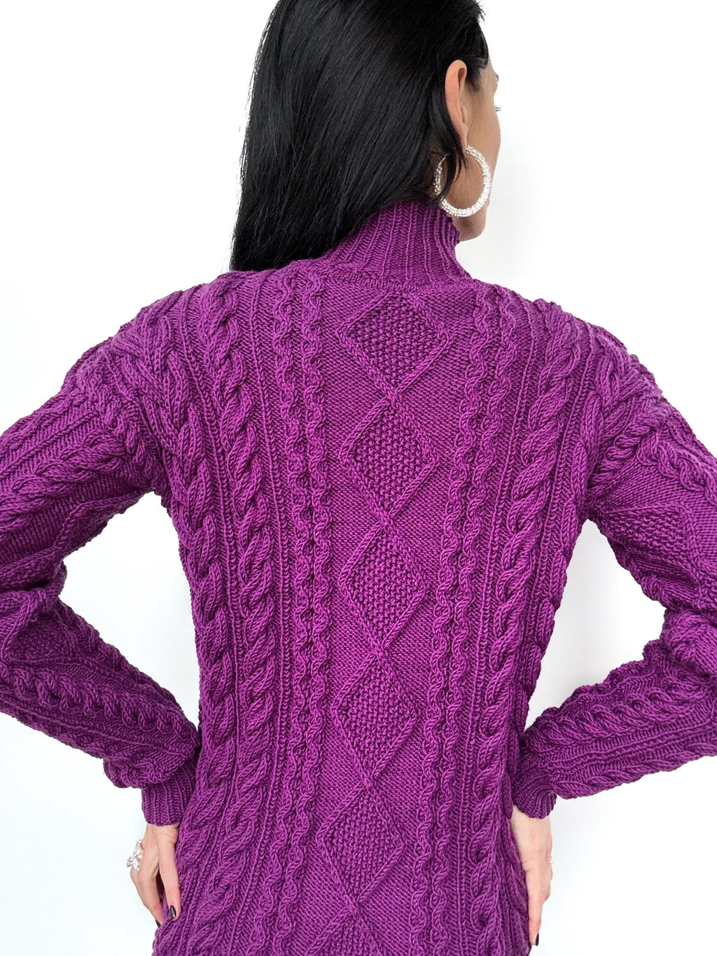 Aran hand knit purple Cable knit sweater dress high collar Chunky knit turtleneck pullover Oversize cozy wool long sweater knee-deep