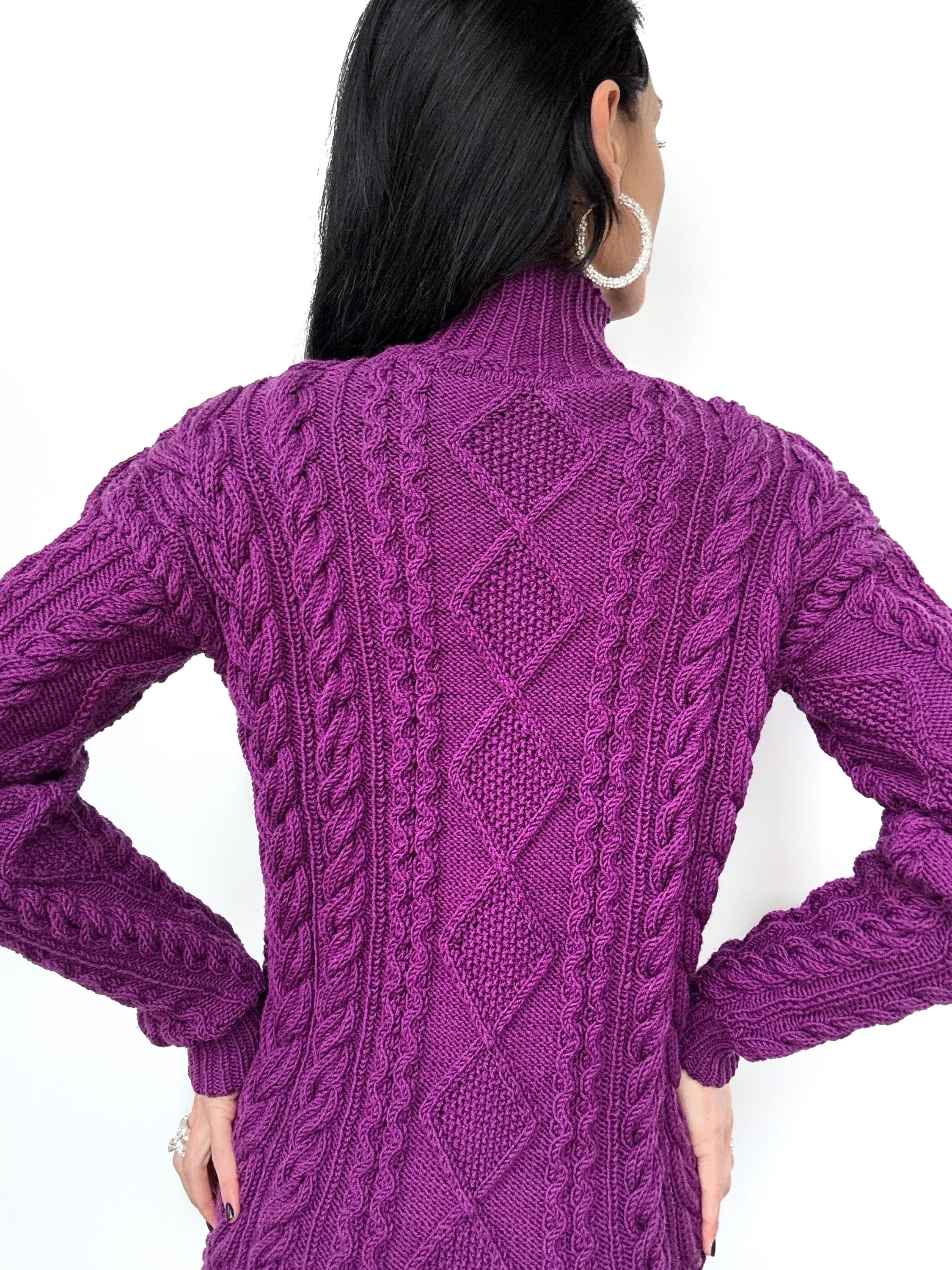 Aran hand knit purple Cable knit sweater dress high collar Chunky knit turtleneck pullover Oversize cozy wool long sweater knee-deep