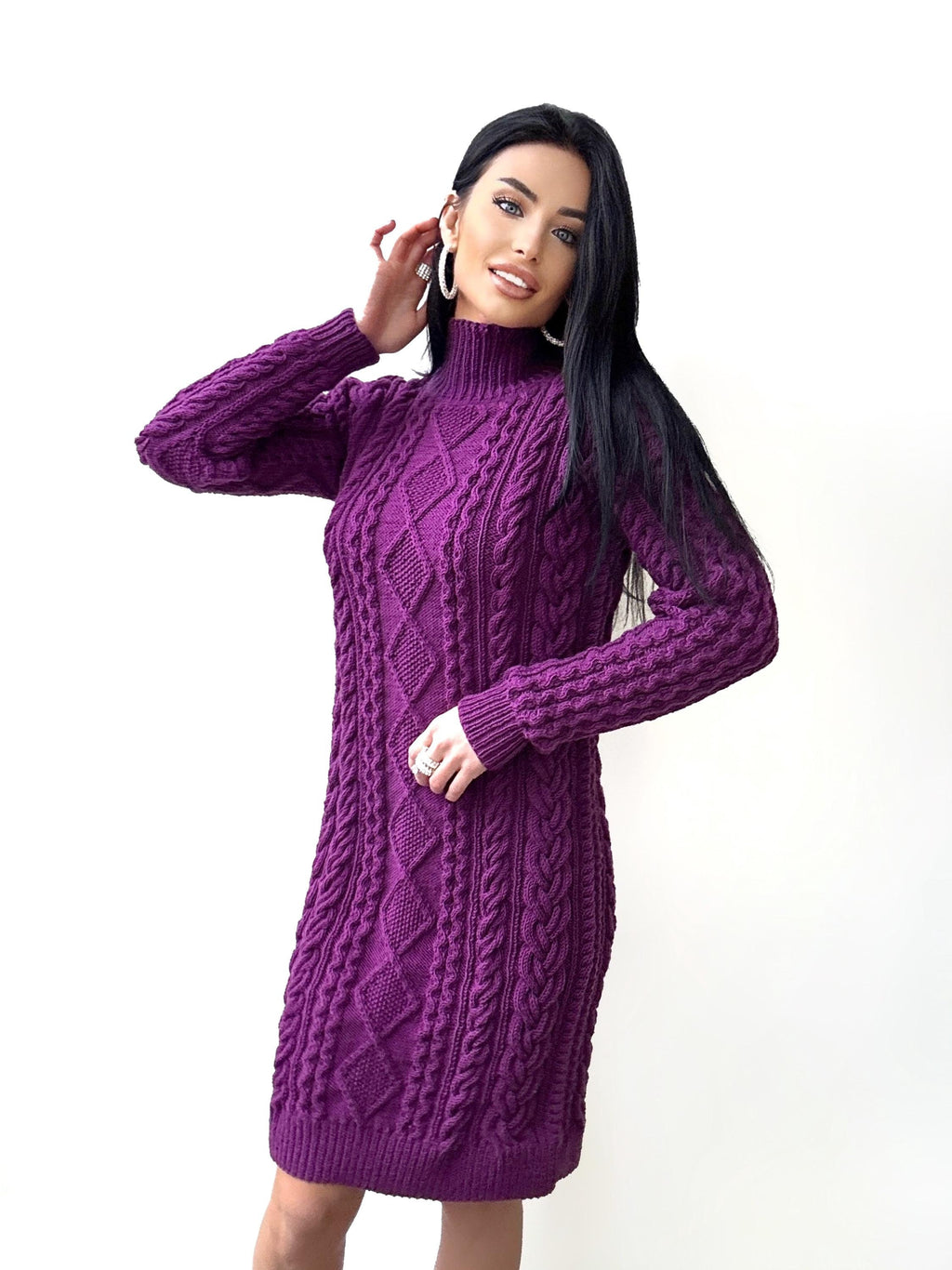 Aran hand knit purple Cable knit sweater dress high collar Chunky knit turtleneck pullover Oversize cozy wool long sweater knee-deep
