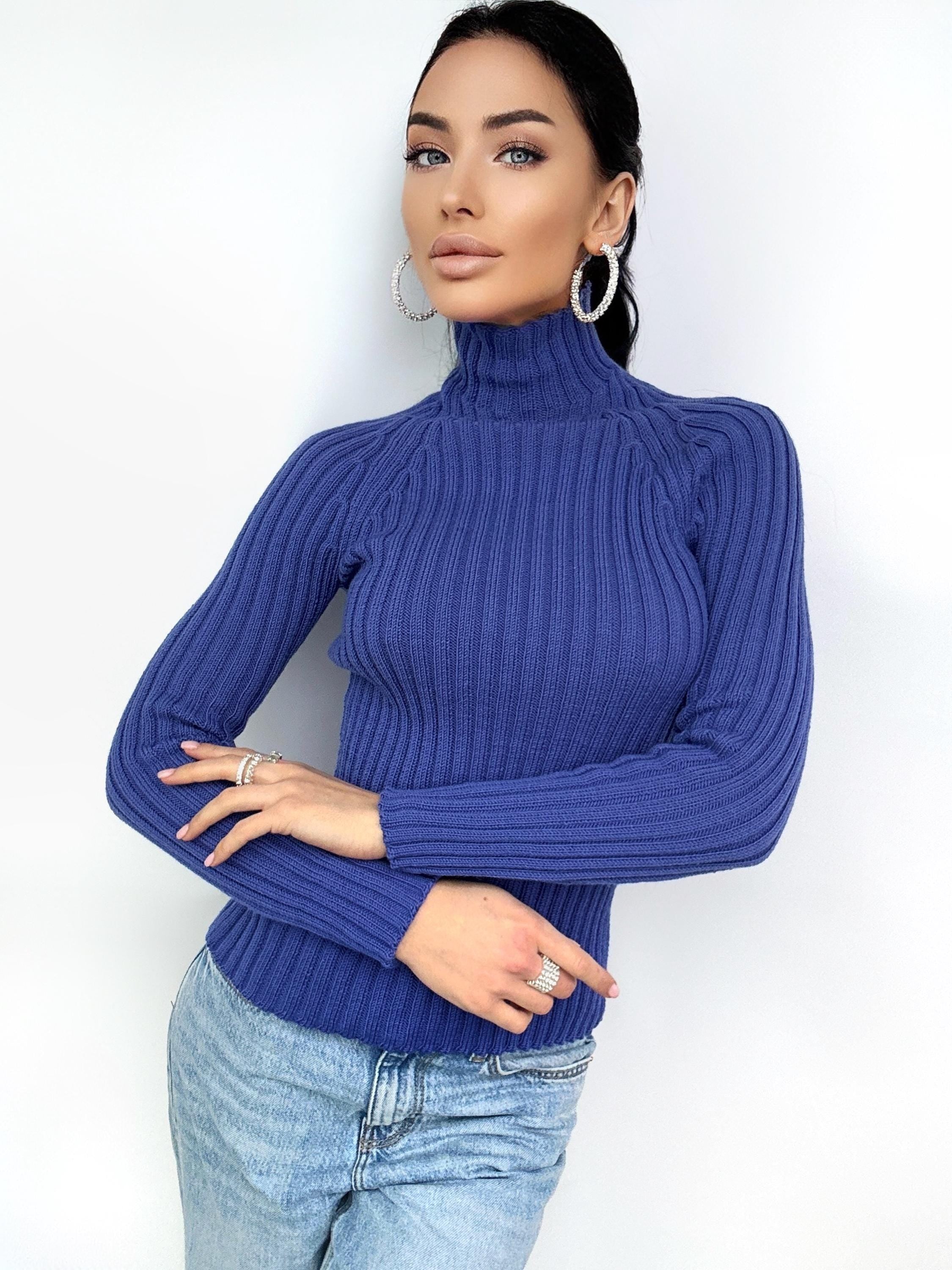 Wool Knitted blue Turtleneck for women Ribbed Knitmerino wool Sweater Long Sleeve Sweater Comfortable body-friendly Turtle neck wool