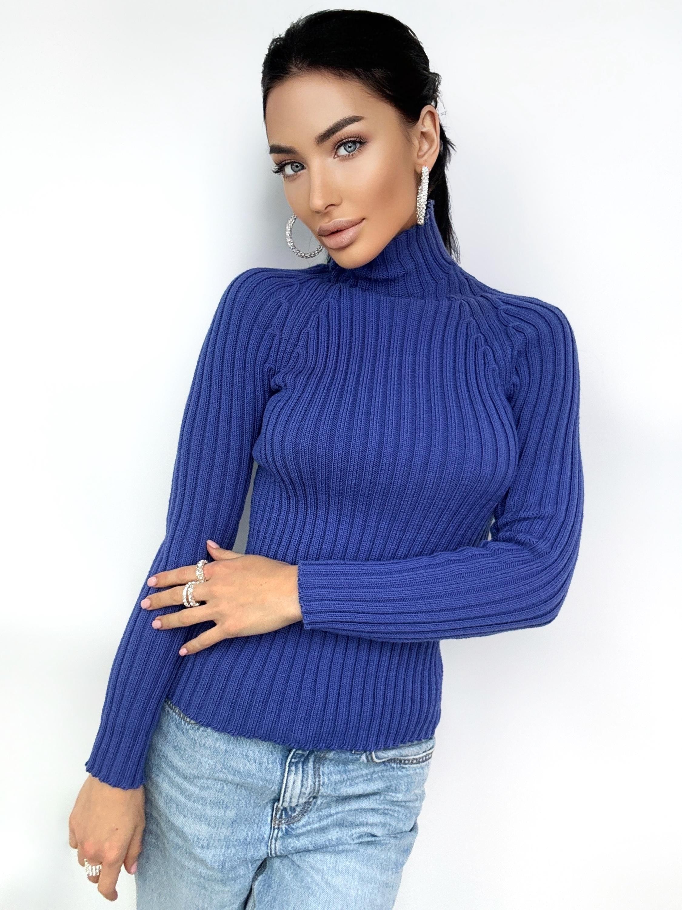 Wool Knitted blue Turtleneck for women Ribbed Knitmerino wool Sweater Long Sleeve Sweater Comfortable body-friendly Turtle neck wool