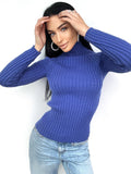 Wool Knitted blue Turtleneck for women Ribbed Knit merino wool Sweater Long Sleeve Sweater Comfortable body-friendly Turtle neck wool