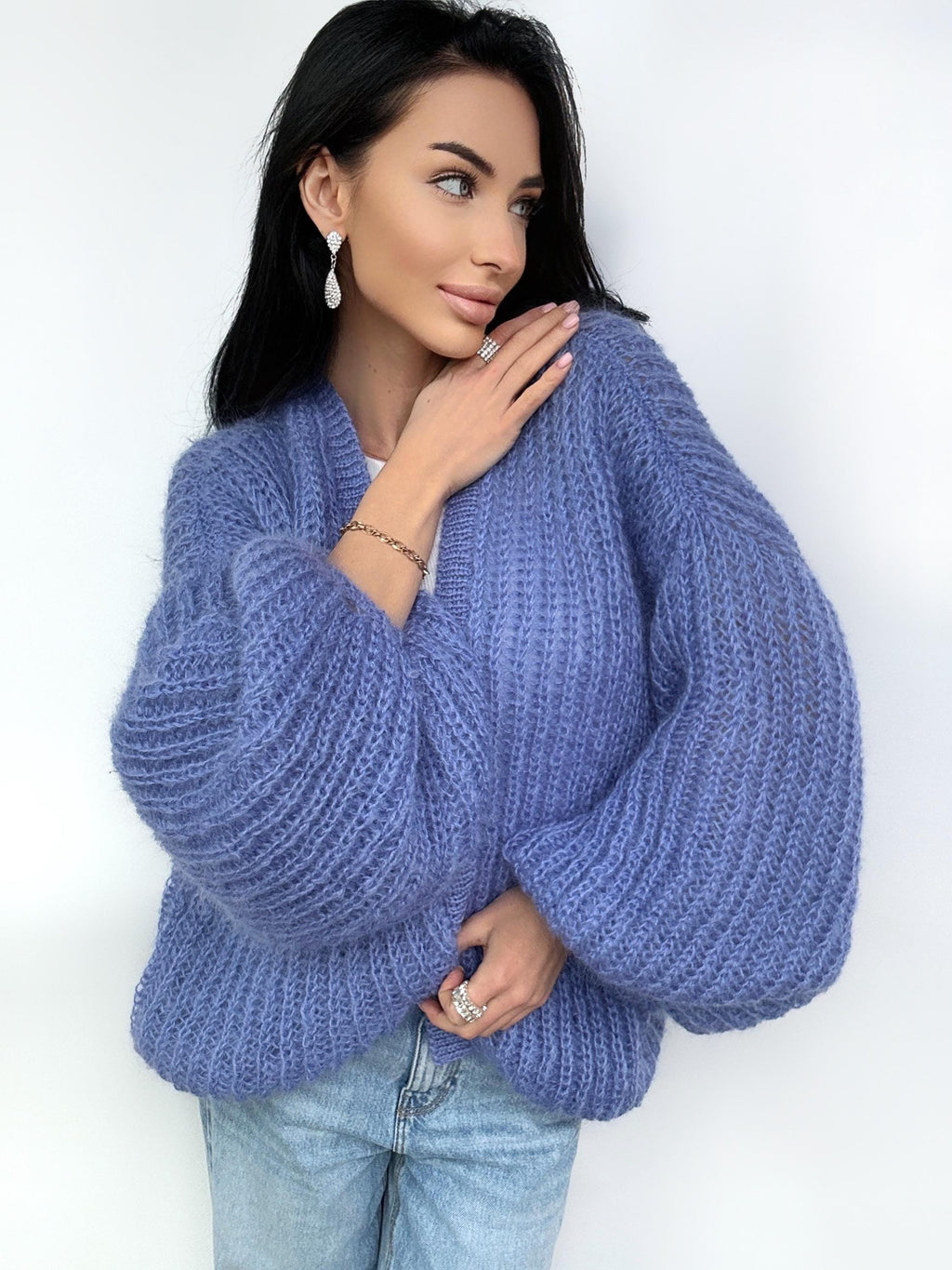 Mohair cardigan women Wedding cardigan Mohair sweater Blue Jeans knitted coat Jacket Women Bridal shrug bolero wool Fluffy short cardigan