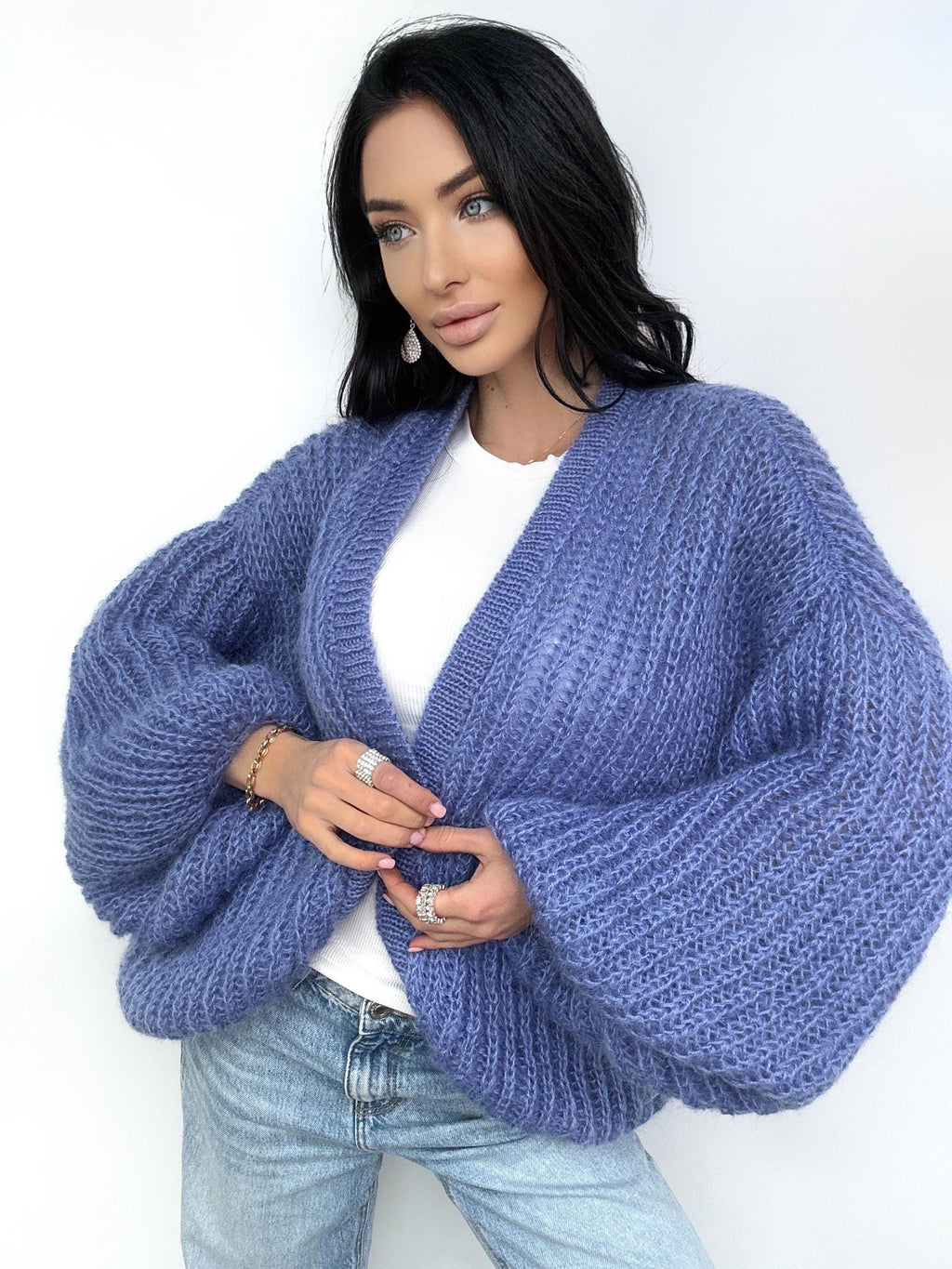 Mohair cardigan women Wedding cardigan Mohair sweater Blue Jeans knitted coat Jacket Women Bridal shrug bolero wool Fluffy short cardigan