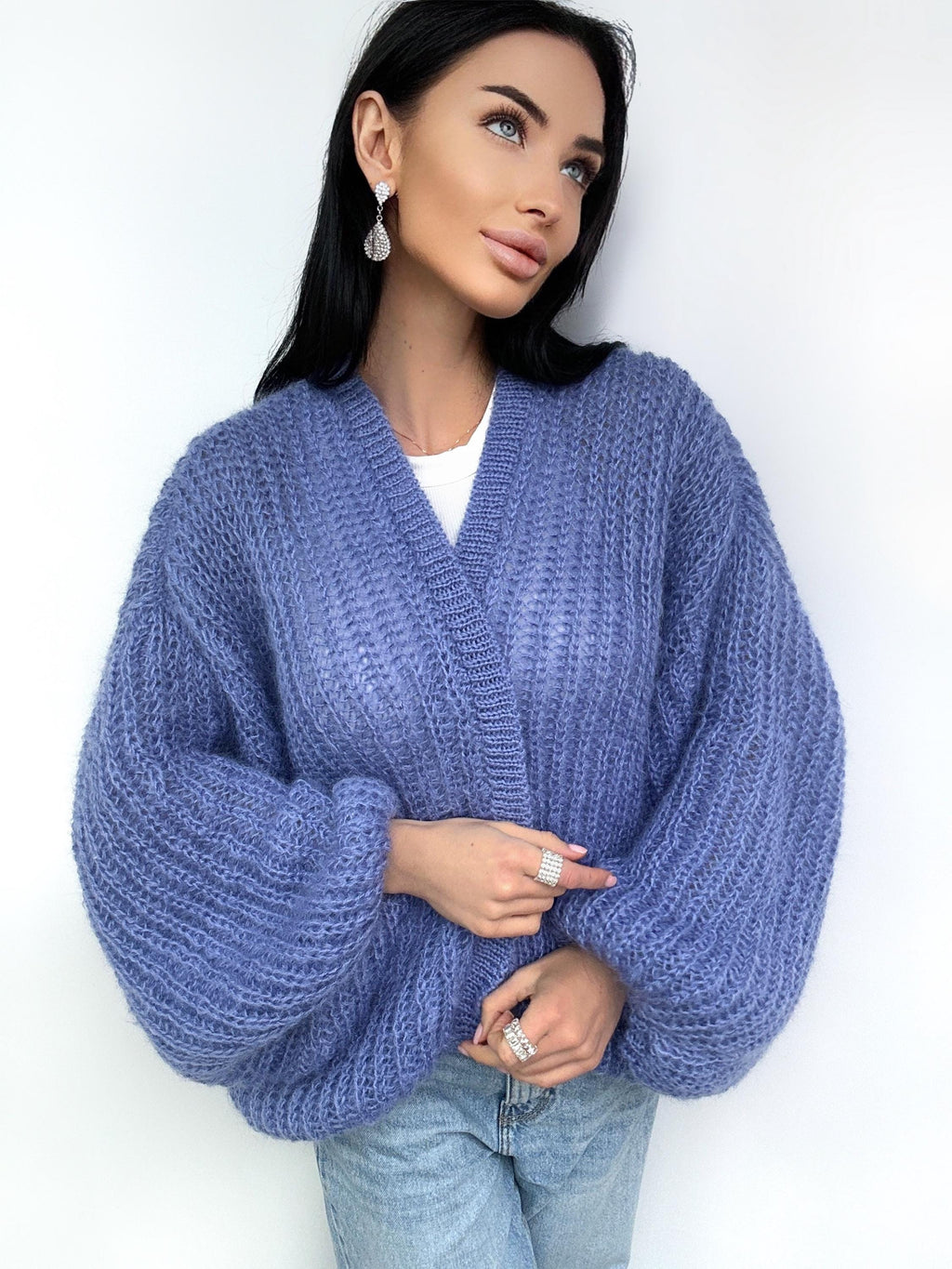 Mohair cardigan women Wedding cardigan Mohair sweater Blue Jeans knitted coat Jacket Women Bridal shrug bolero wool Fluffy short cardigan