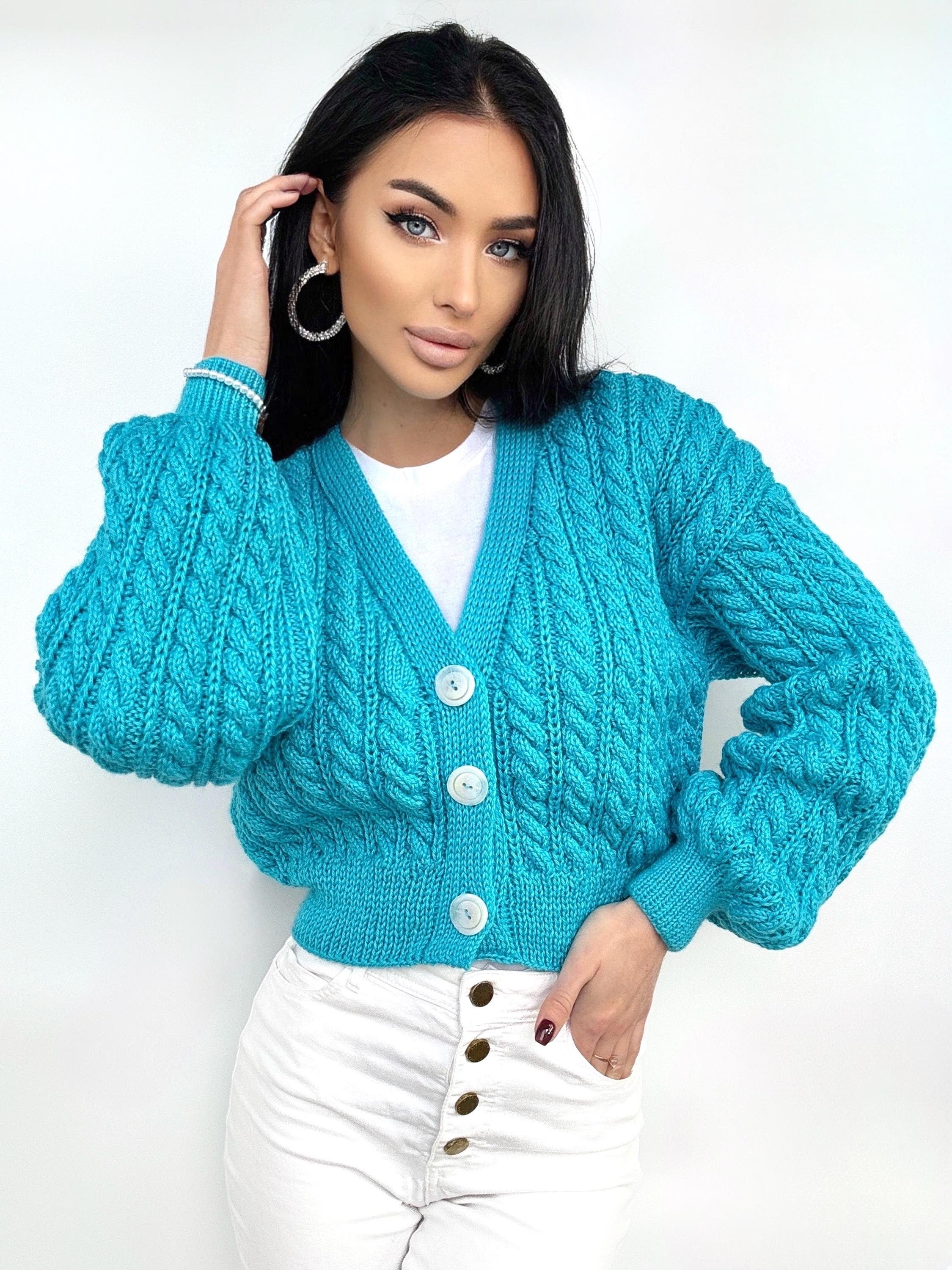 Crop cardigan Hand knit blue cardigan sweater Crop top sweater Cable knit cardigan Chunky Cozy cardigan short knitted jacket Gift for her