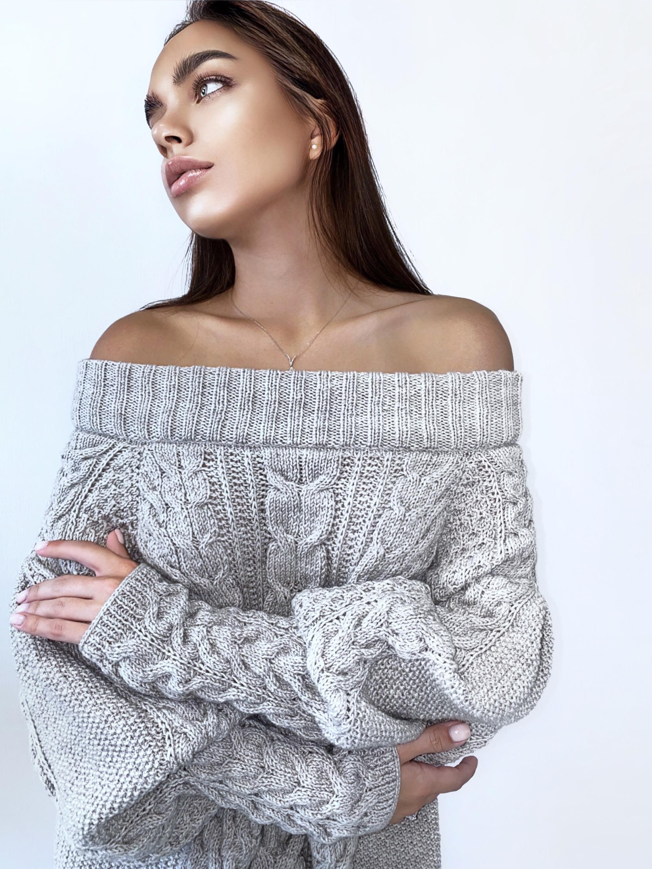 Hand knit gray Beige melange Pastel off shoulder wool sweater dress Bohemian sweater Cable knit mini dress Knitted tunic Chunky knit sweater