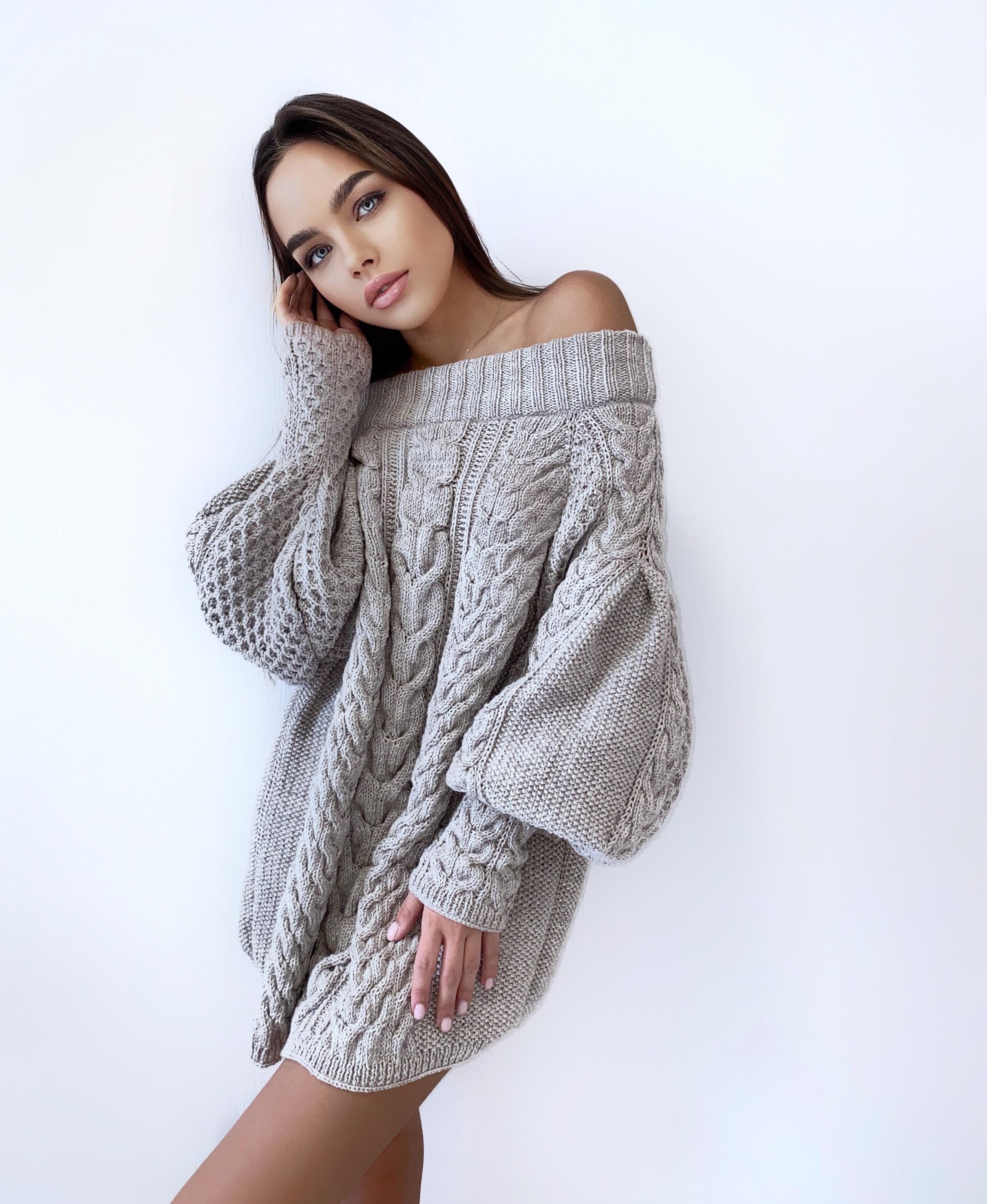 Hand knit gray Beige melange Pastel off shoulder wool sweater dress Bohemian sweater Cable knit mini dress Knitted tunic Chunky knit sweater