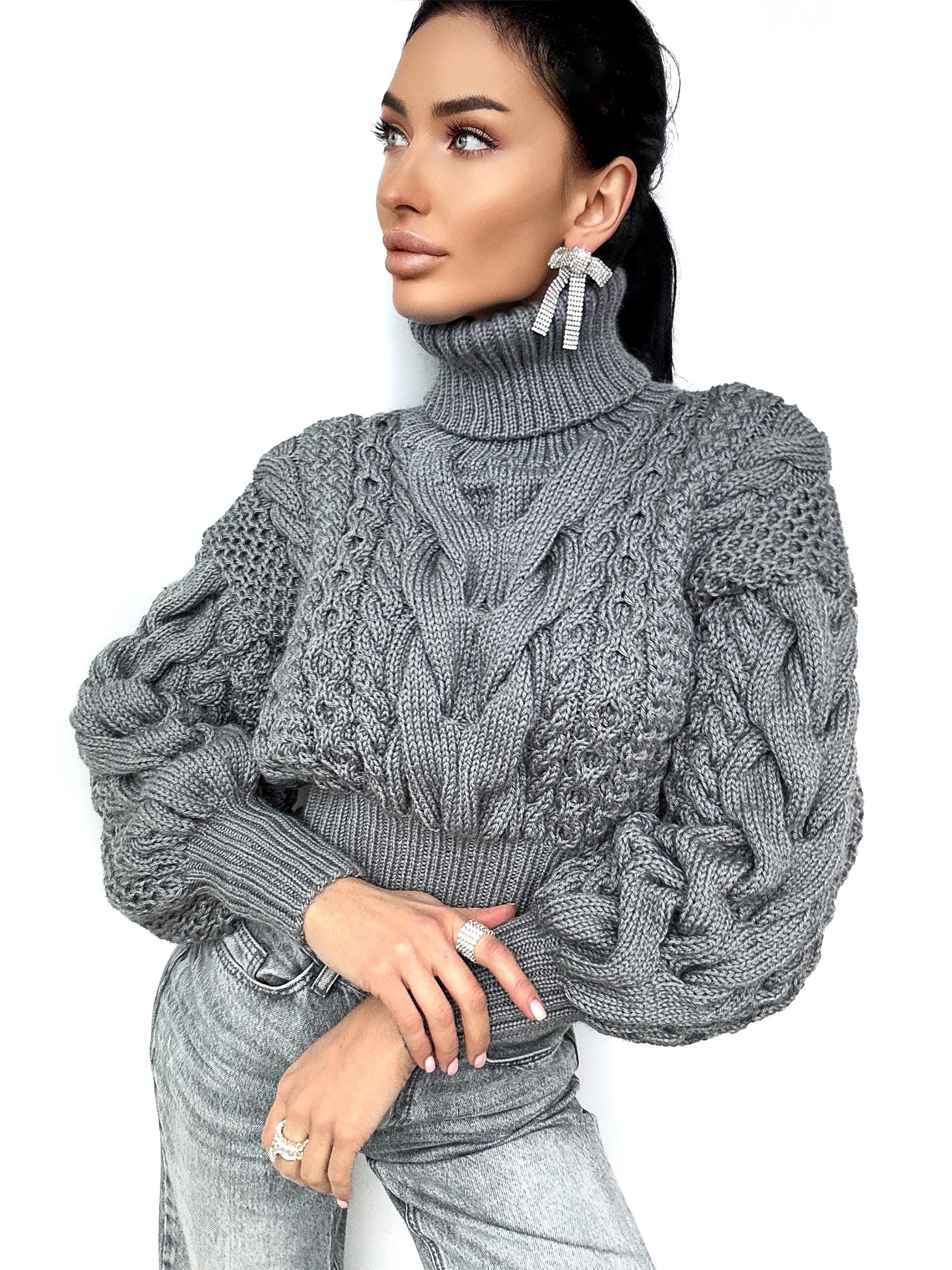 Crop hand knitted dark grey wool sweater high collar Chunky Knit Turtleneck Oversized Pullover Womens Cable knit cozy wool winter sweater