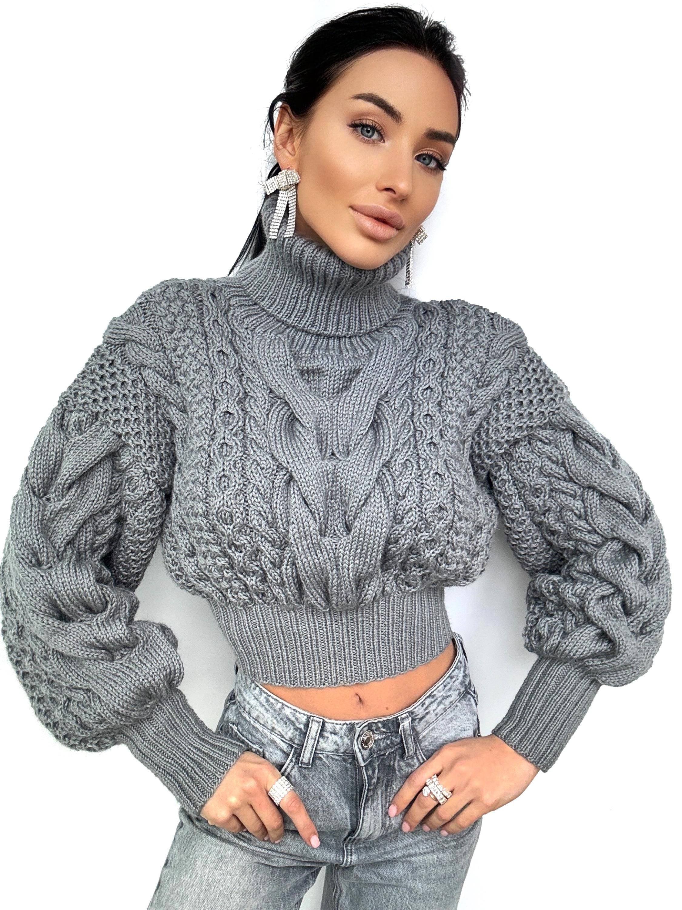 Crop hand knitted dark grey wool sweater high collar Chunky Knit Turtleneck Oversized Pullover Womens Cable knit cozy wool winter sweater