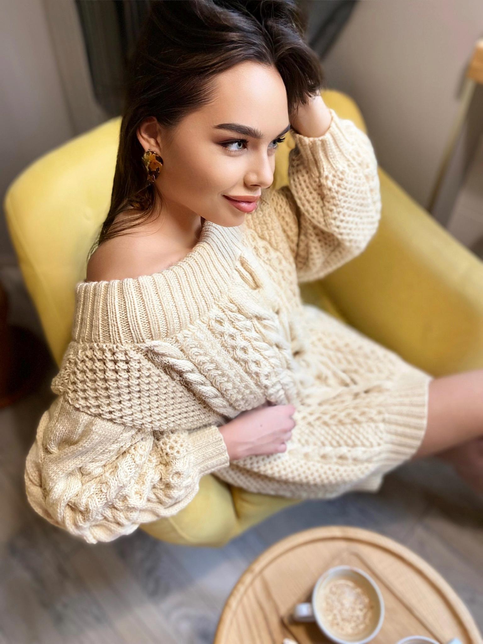 Off the shoulder pastel cream milk hand knit wool sweater Oversized Cable knit sweater Сhunky sweater dress Loose knit sustainable knitwear