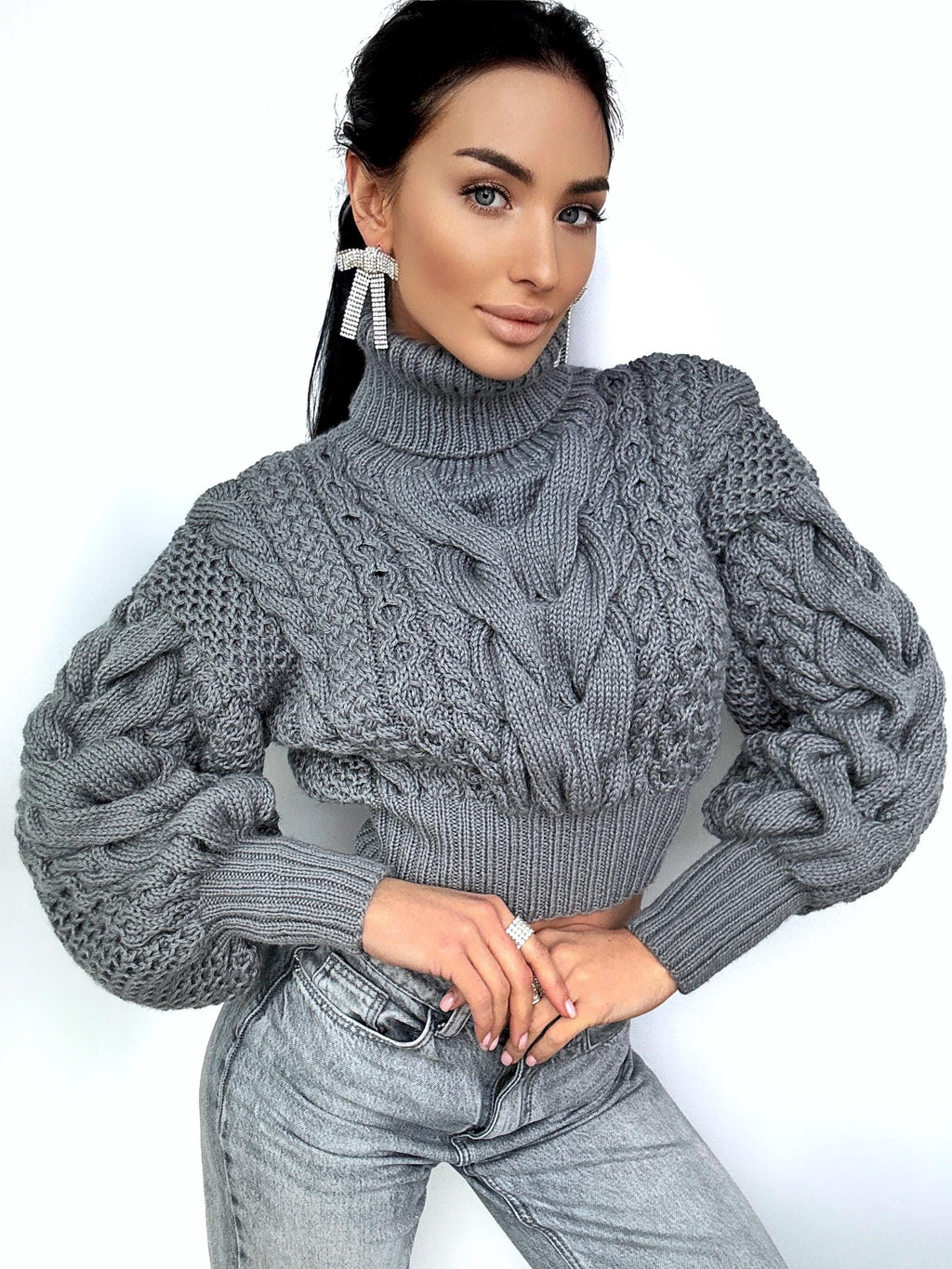 Crop hand knitted dark grey wool sweater Chunky Knit Turtleneck Oversized Pullover Women's Cable knit Jumper cozy wool winter sweater