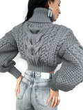 Crop hand knitted dark grey wool sweater Chunky Knit Turtleneck Oversized Pullover Women's Cable knit Jumper cozy wool winter sweater