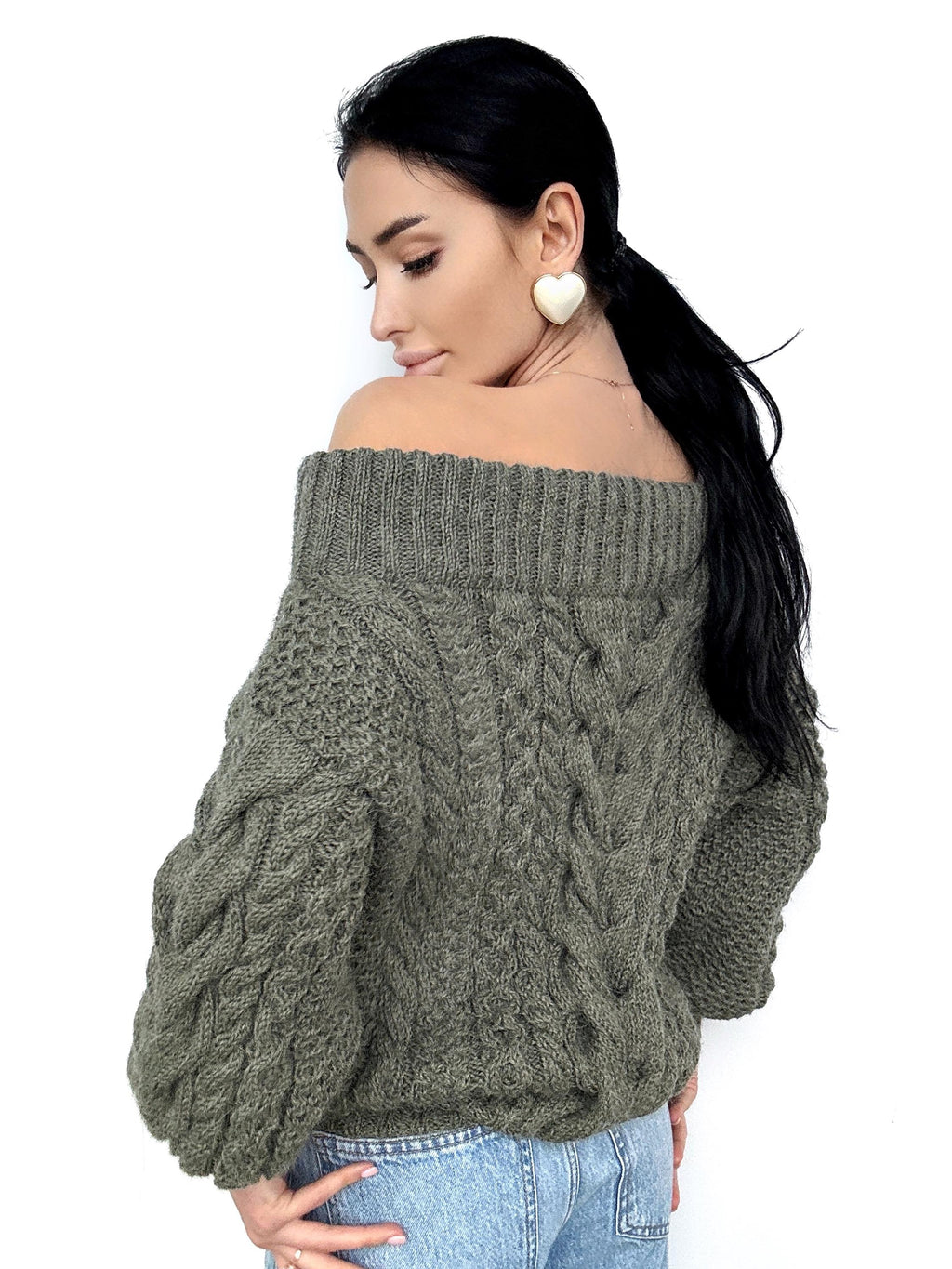 Khaki Green-Gray pastel hand knit alpaca wool sweater woman Cable hand knit sweater Loose pullover Oversized chunky knit bulky off shoulder