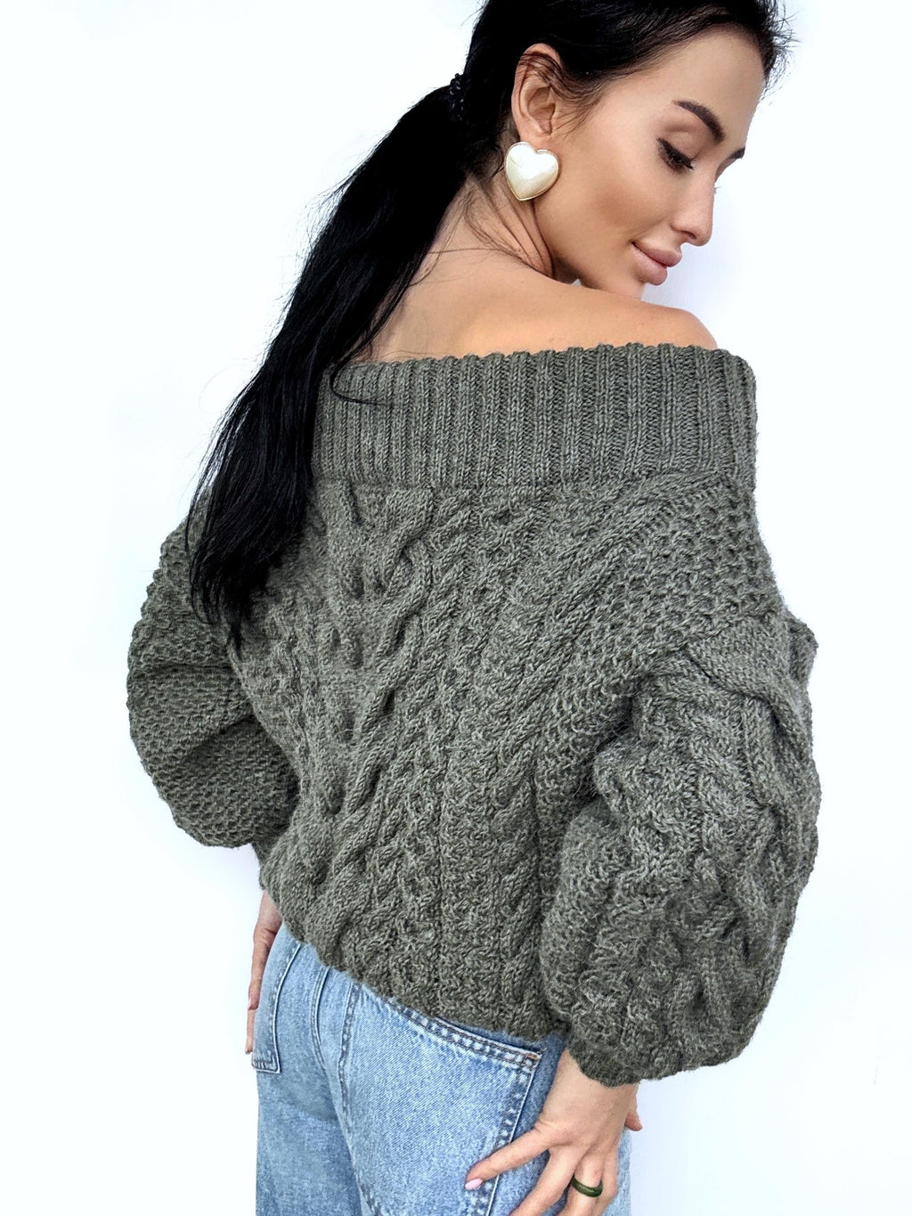 Khaki Green-Gray pastel hand knit alpaca wool sweater woman Cable hand knit sweater Loose pullover Oversized chunky knit bulky off shoulder