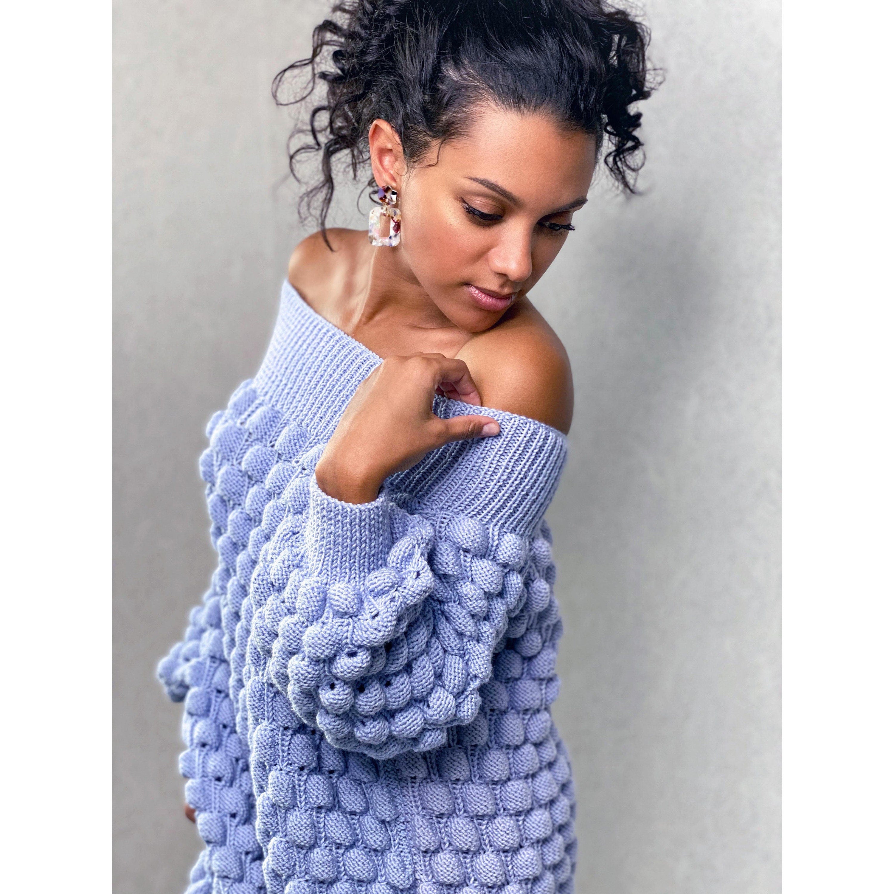 Bubble hand knit long blue sweater dress women Off shoulder merino wool sweater Balloons chunky sweater-dress Cable knit sweater