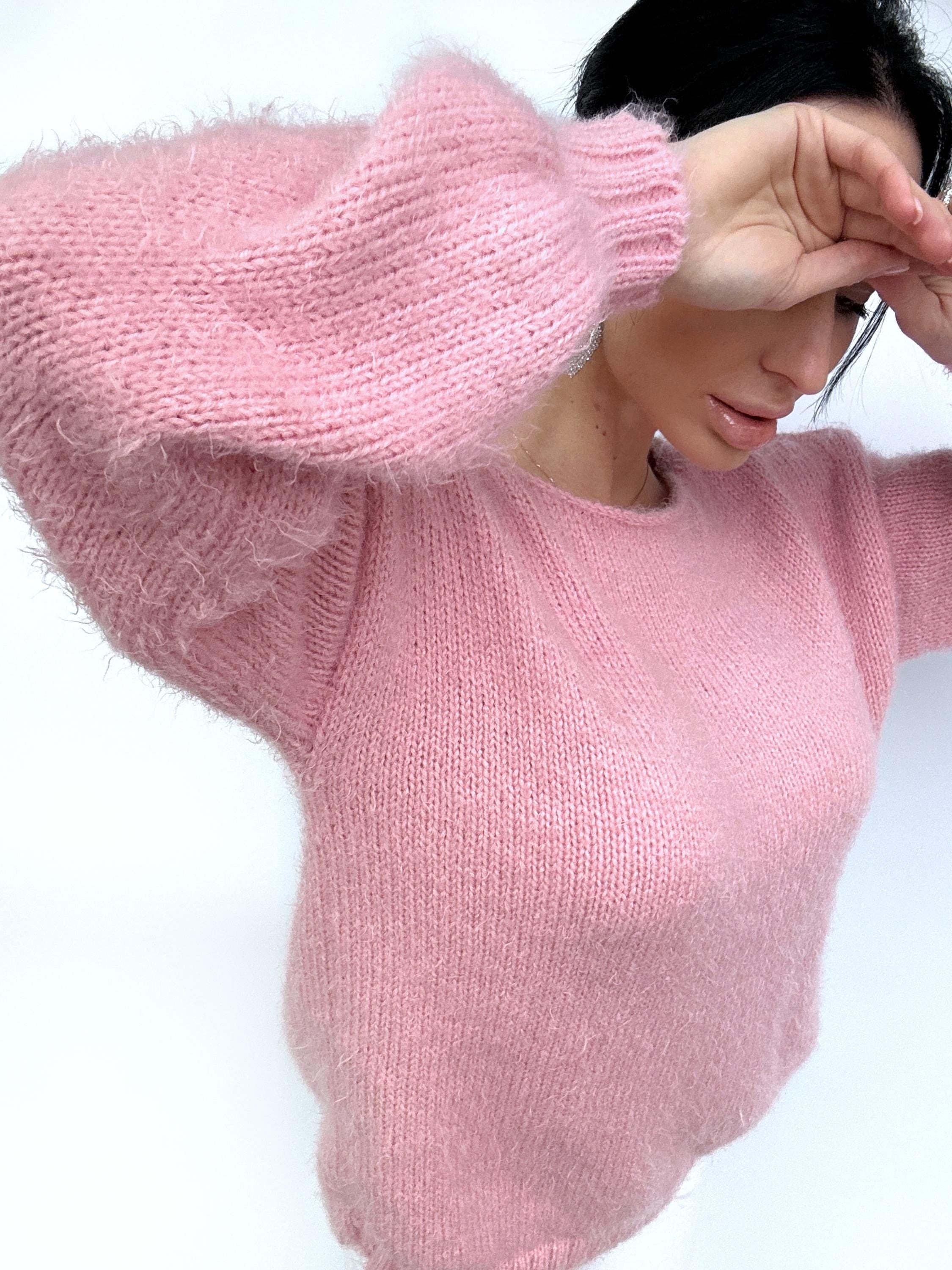 Hand knit Pink Powder wool FREE soft fluffy body friendly sweater Open back Deep V-neckline Analogue of angora pullover Loose fit oversize