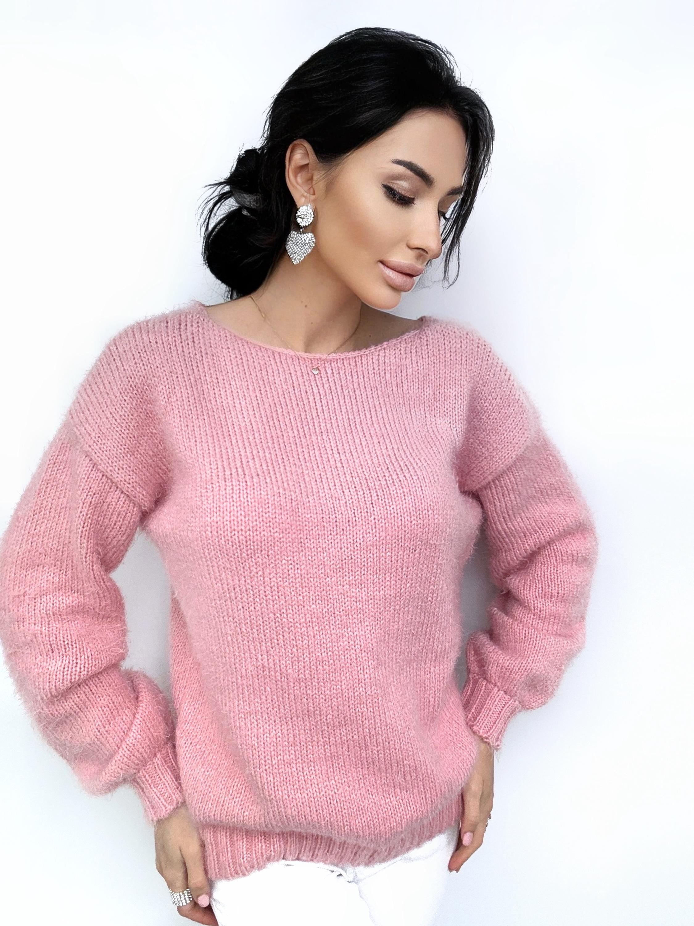 Hand knit Pink Powder wool FREE soft fluffy body friendly sweater Open back Deep V-neckline Analogue of angora pullover Loose fit oversize