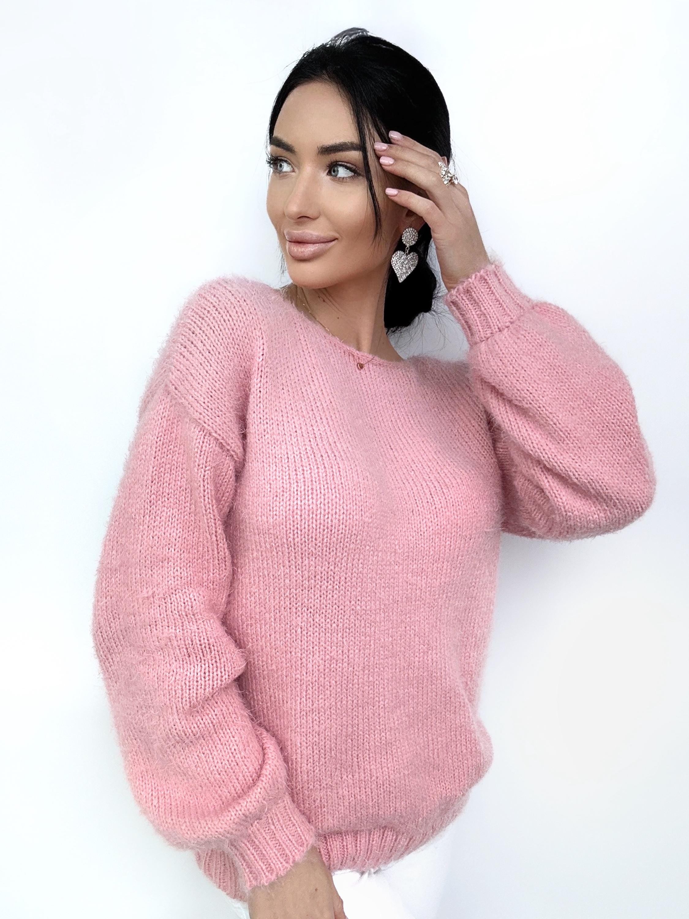 Hand knit Pink Powder wool FREE soft fluffy body friendly sweater Open back Deep V-neckline Analogue of angora pullover Loose fit oversize