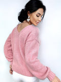 Hand knit Pink Powder wool FREE soft fluffy body friendly sweater Open back Deep V-neckline Analogue of angora pullover Loose fit oversize