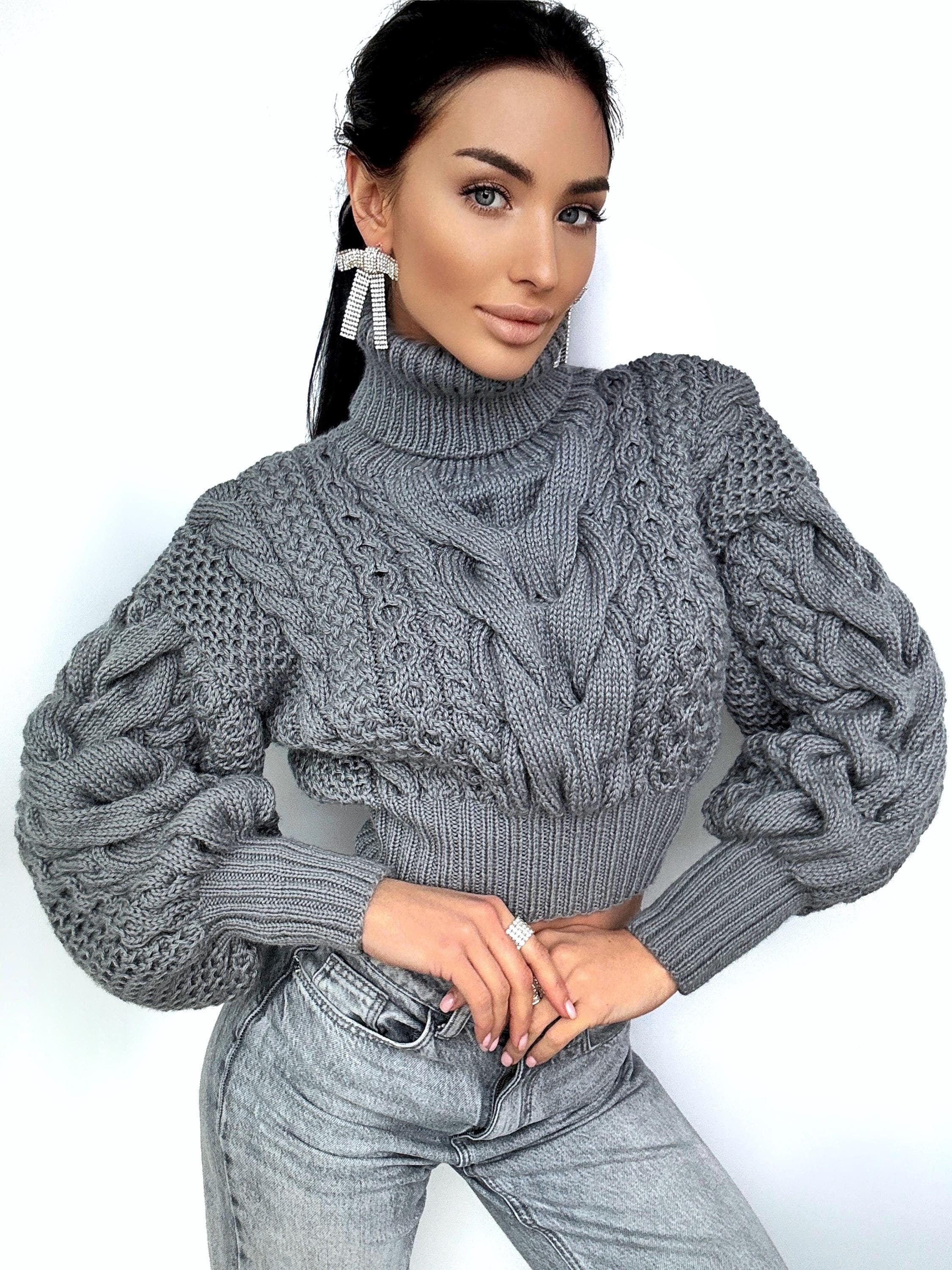 Crop hand knitted dark grey wool sweater high collar Chunky Knit Turtleneck Oversized Pullover Womens Cable knit cozy wool winter sweater