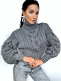 Crop hand knitted dark grey wool sweater high collar Chunky Knit Turtleneck Oversized Pullover Womens Cable knit cozy wool winter sweater