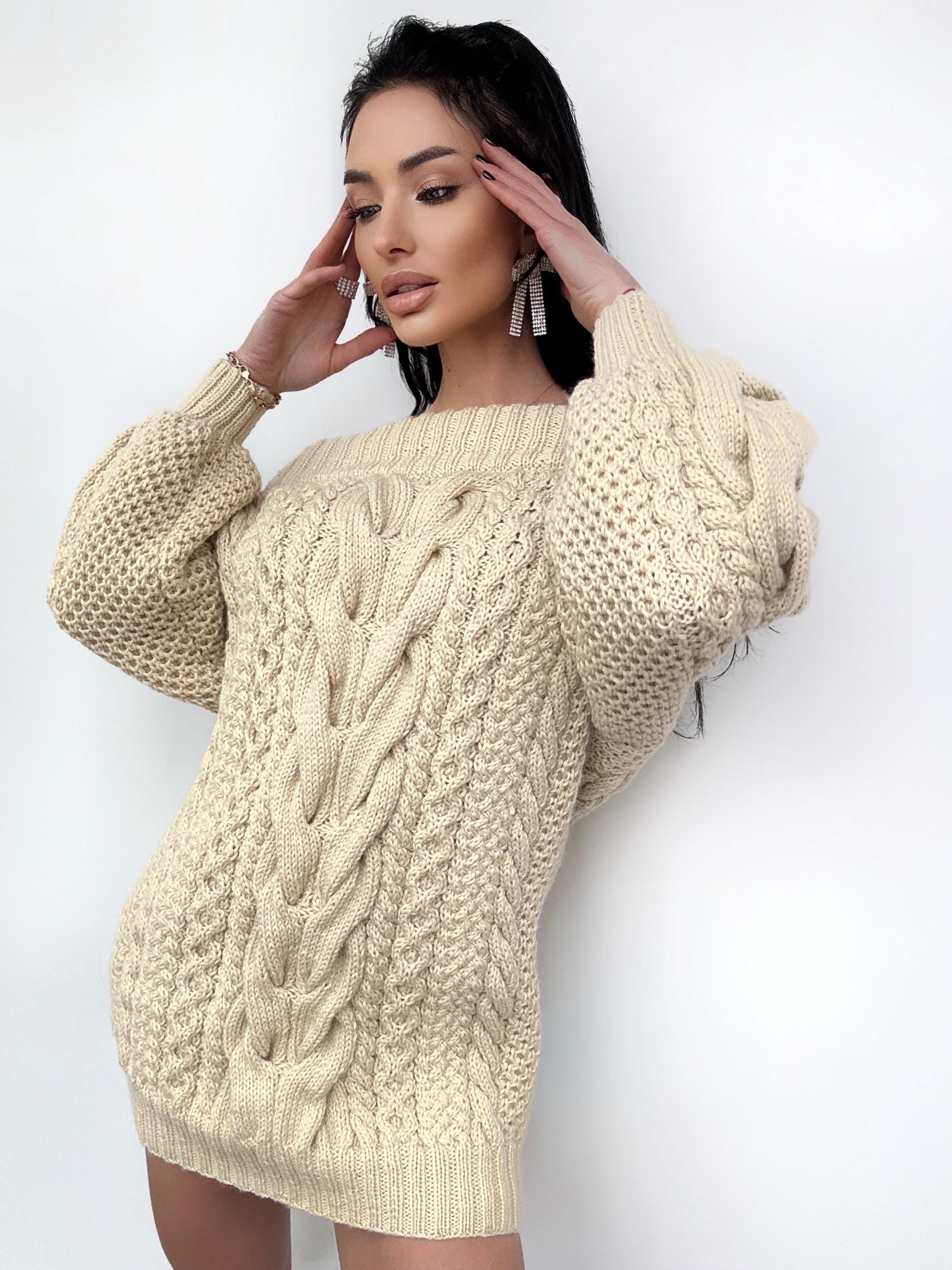 Hand knit sweater dress women Light beige Cream off shoulder sweater dress Long Cable wool sweater Knitted one shoulder dress Big cozy