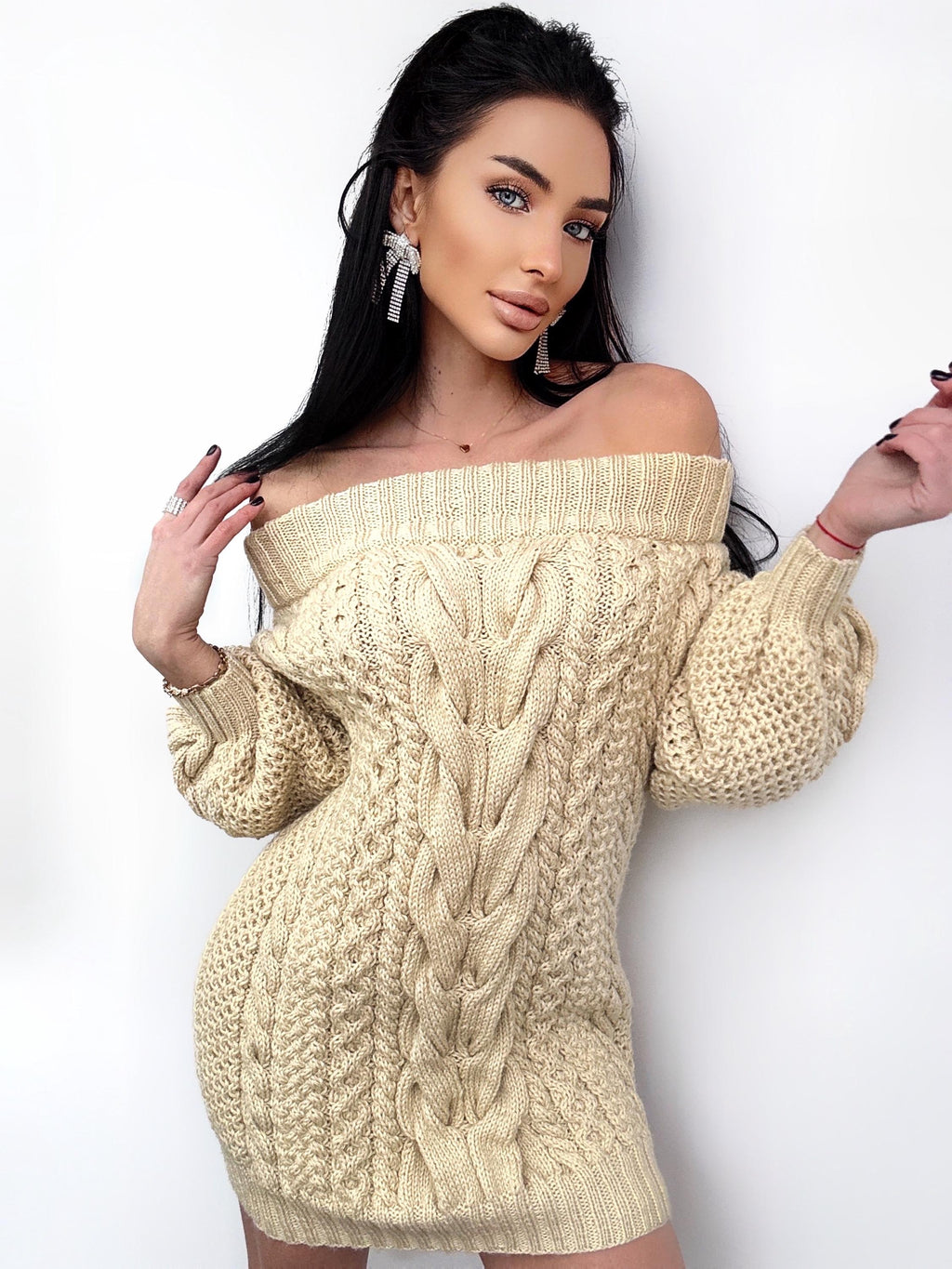 Hand knit sweater dresses women light beige off shoulder sweater dress Long Cable wool sweater Knitted one shoulder dress Big cozy pulover