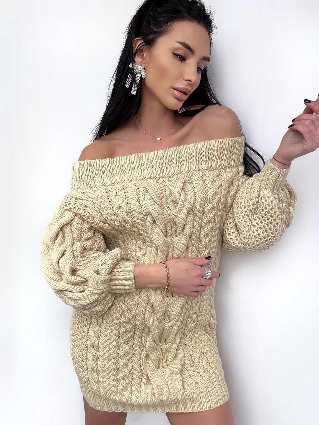 Hand knit sweater dress women Light beige Cream off shoulder sweater dress Long Cable wool sweater Knitted one shoulder dress Big cozy