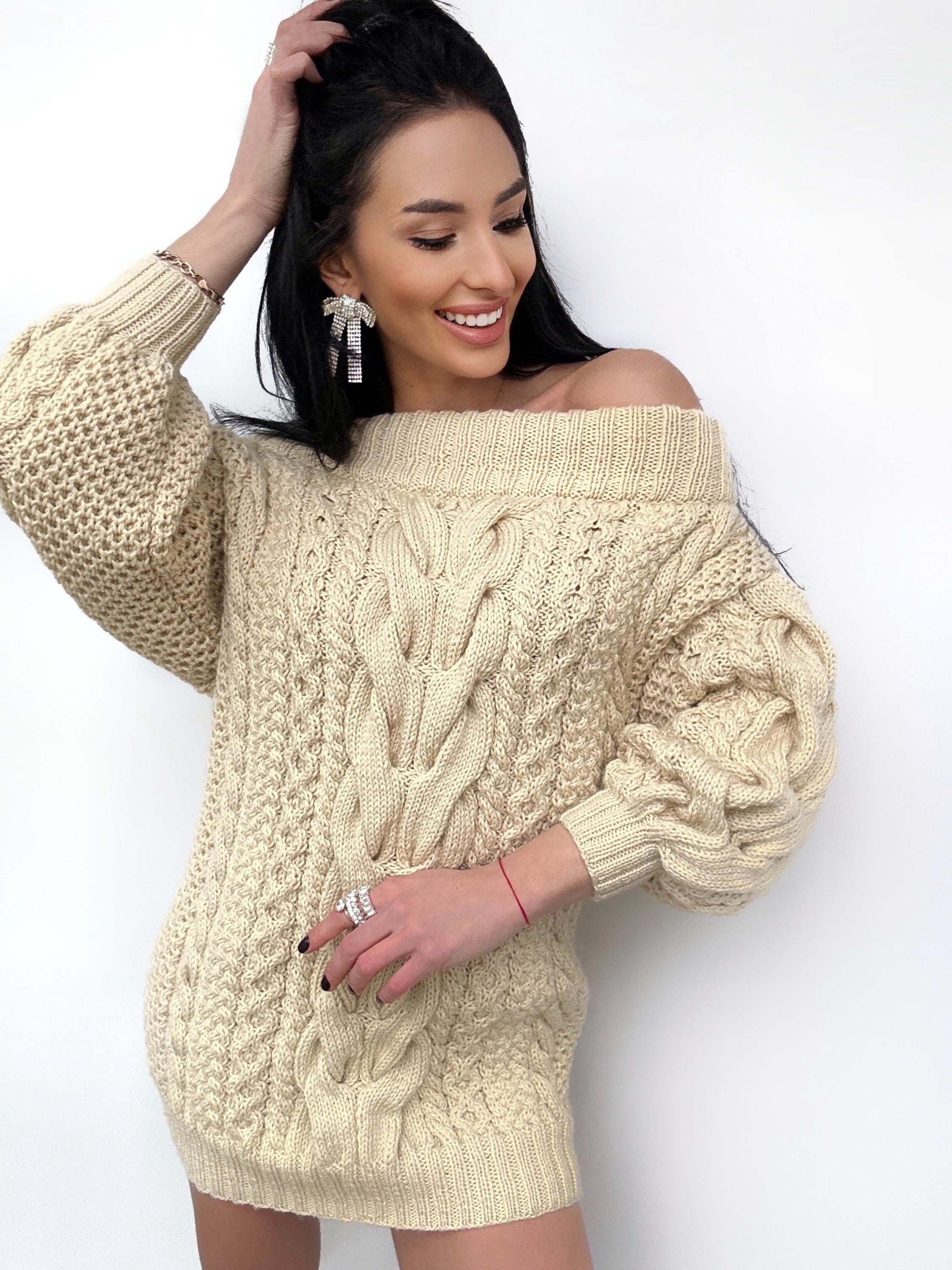 Hand knit sweater dress women Light beige Cream off shoulder sweater dress Long Cable wool sweater Knitted one shoulder dress Big cozy