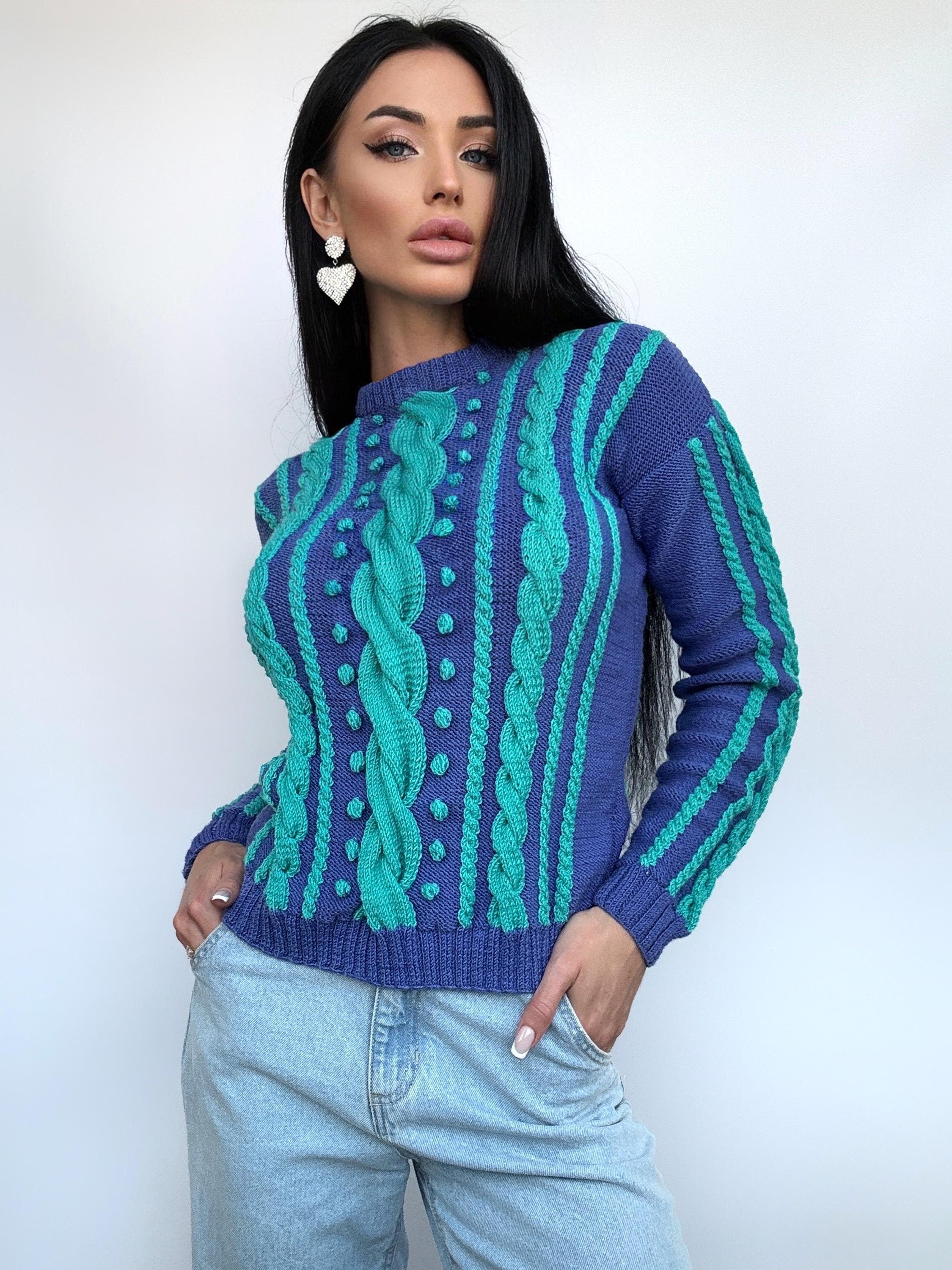 Knitted blue green turquoise fall womens sweater Braid embellishment beads pearl Knit Merino wool cable knit organic sustainable sweater