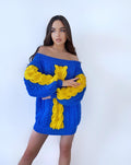 Hand knit "golden state warriors" sweater dresses women's Blue Yellow cable braid sweater open shoulders merino wool Autumn knit dress